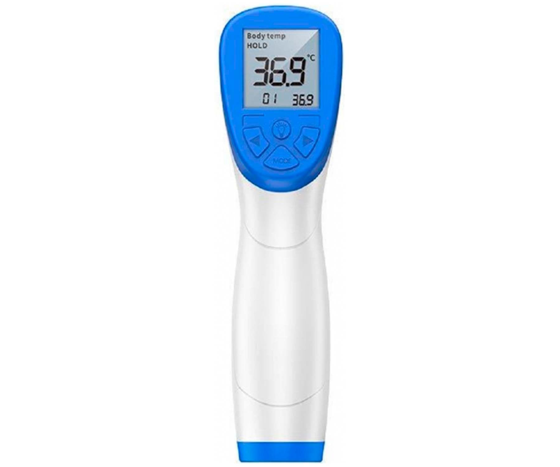 Un termómetro digital blanco y azul que muestra una temperatura de 36.9 grados Celsius.