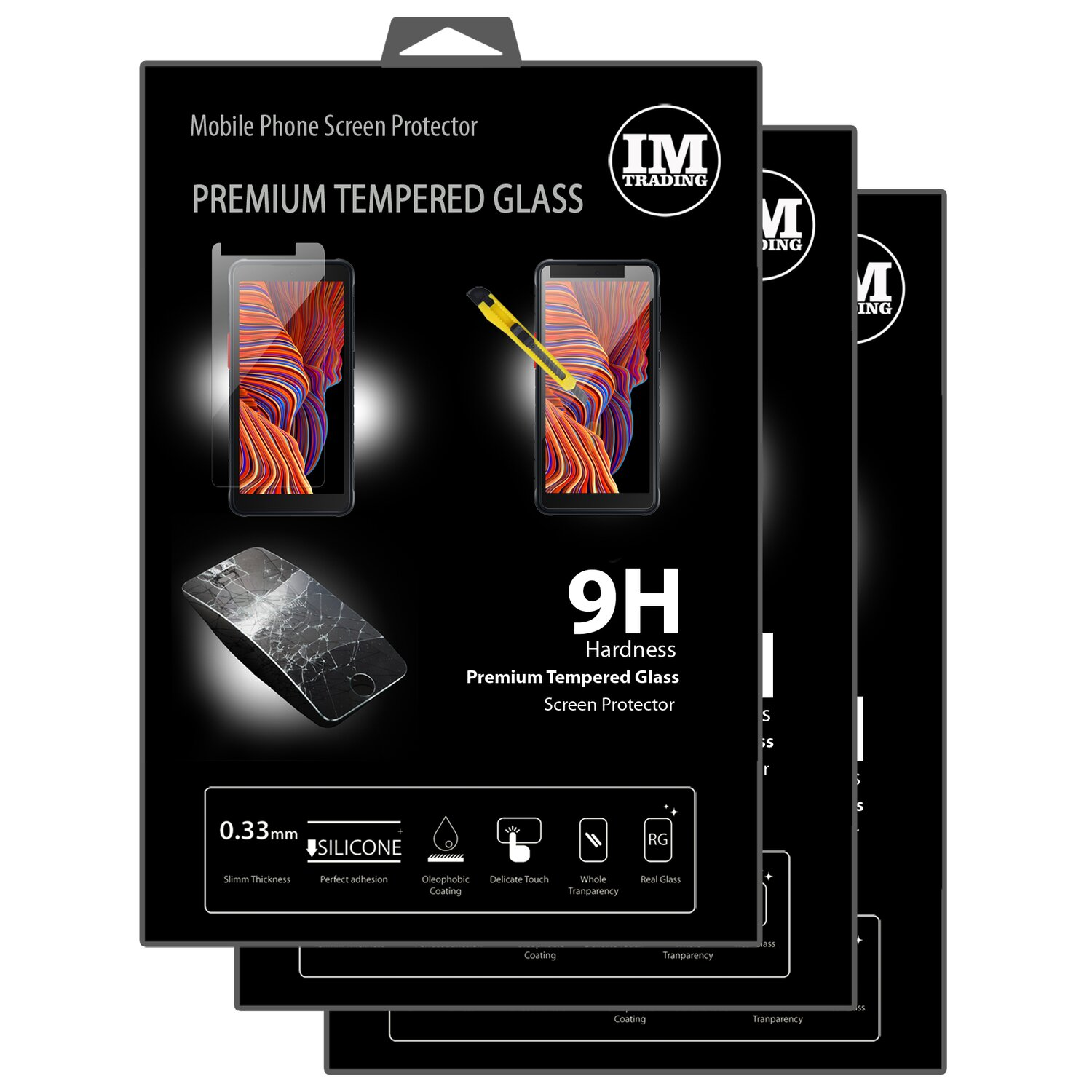 Drei Displayschutzfolien-Packungen mit einem Telefon darauf. Text: Premium Tempered Glass.