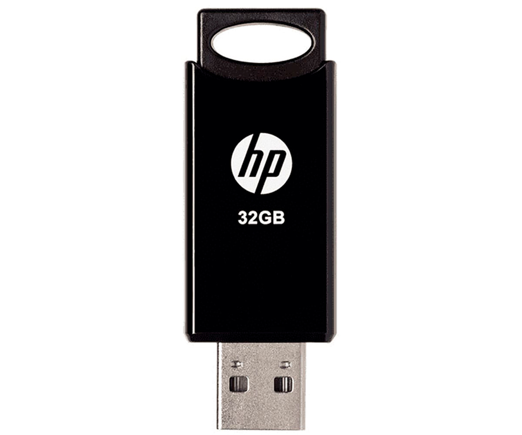 Czarny pendrive HP USB. Jest czarny i ma nadrukowaną markę i pojemność.