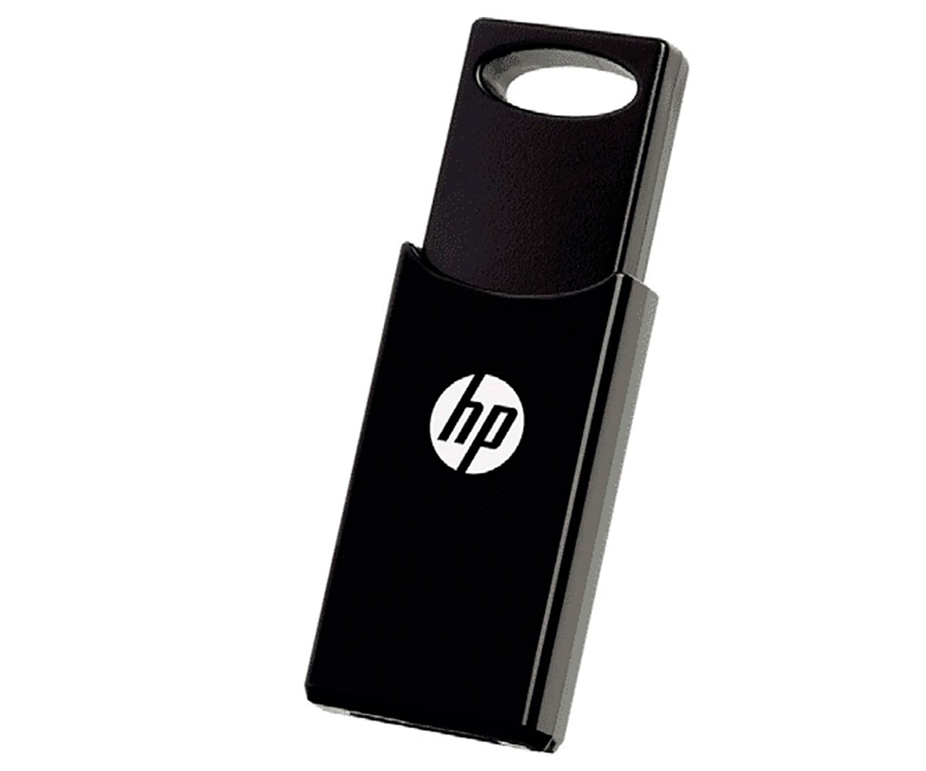 Czarny pendrive z logo HP na białym tle.