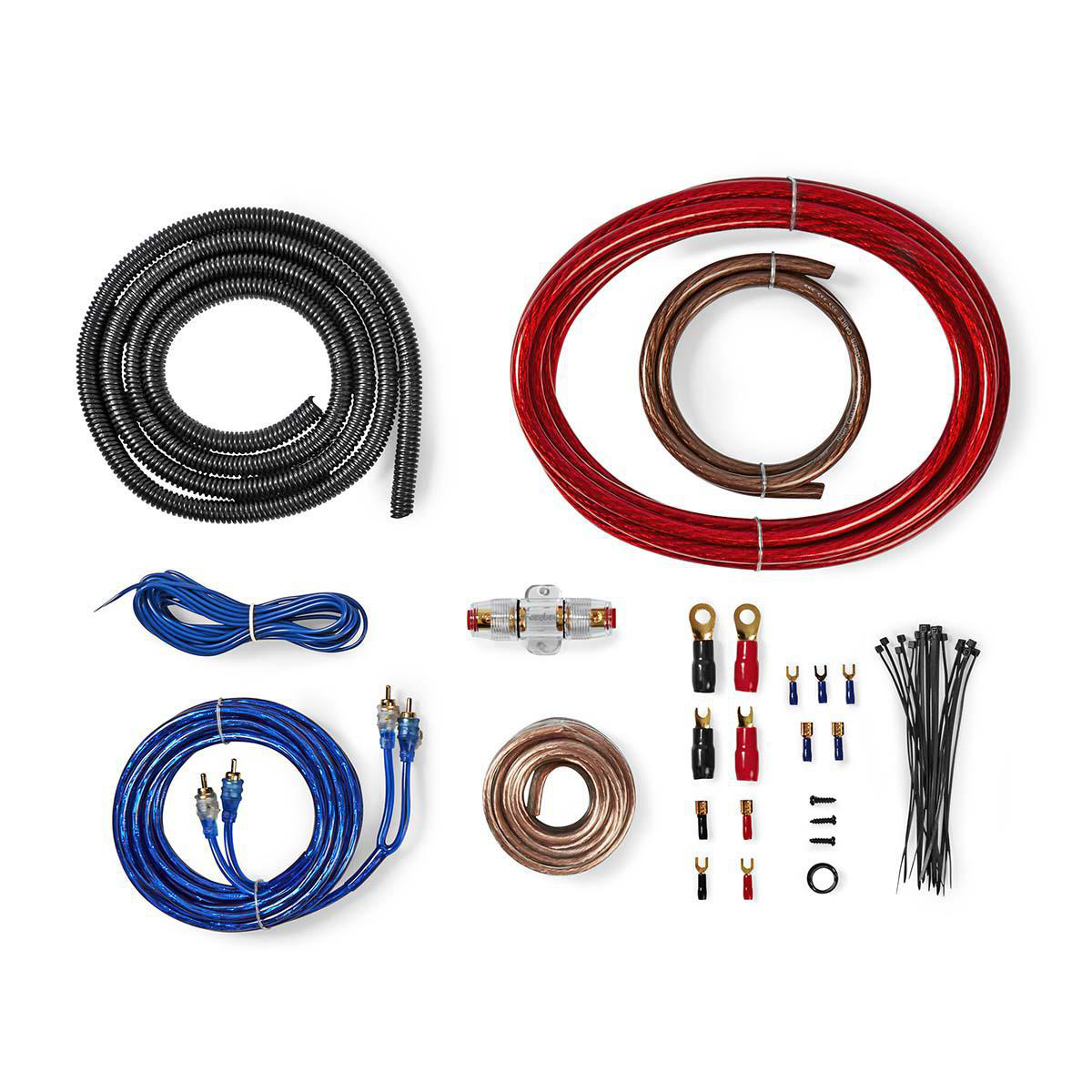 Elektrische Drähte und Komponenten: rot, blau, schwarz.