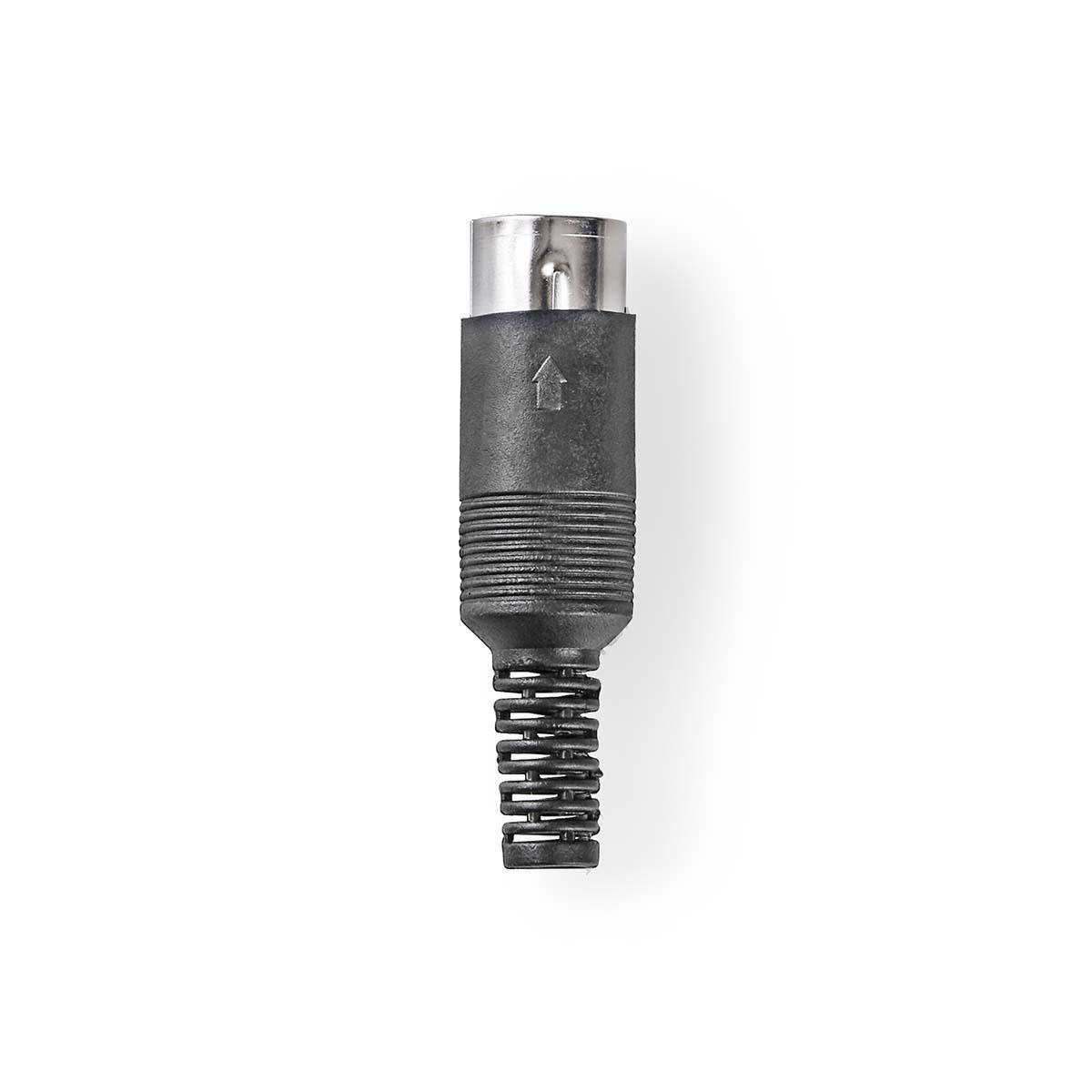 A black male connector with a silver cap and arrow symbol. White background.