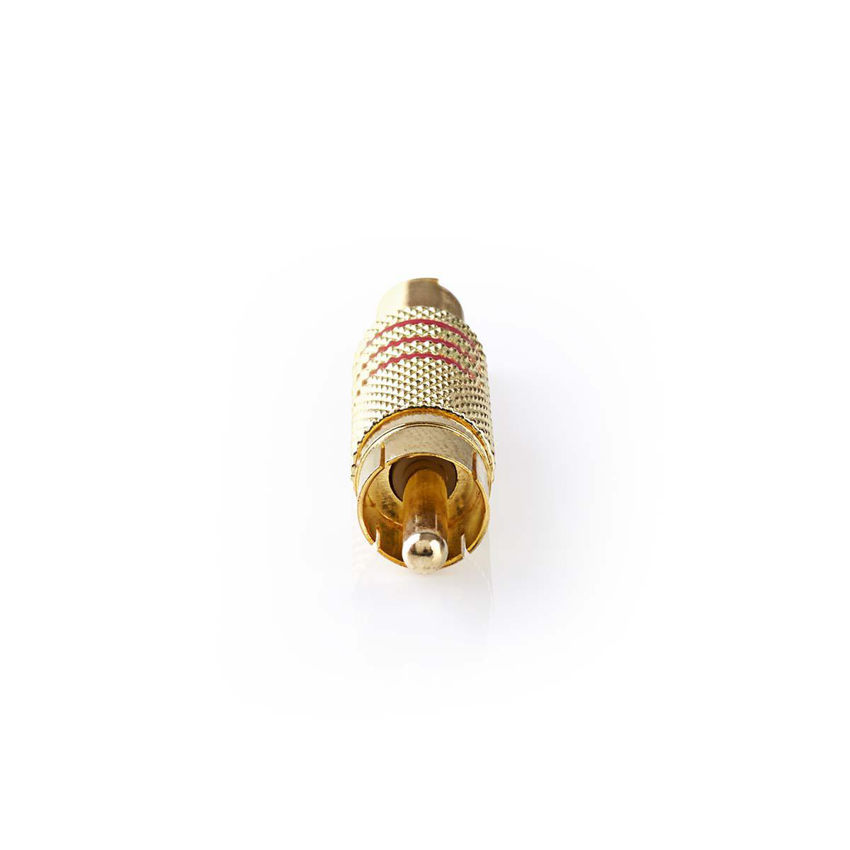 Goldener Cinch-Stecker auf weißem Hintergrund. Der Stecker hat rote Streifen.