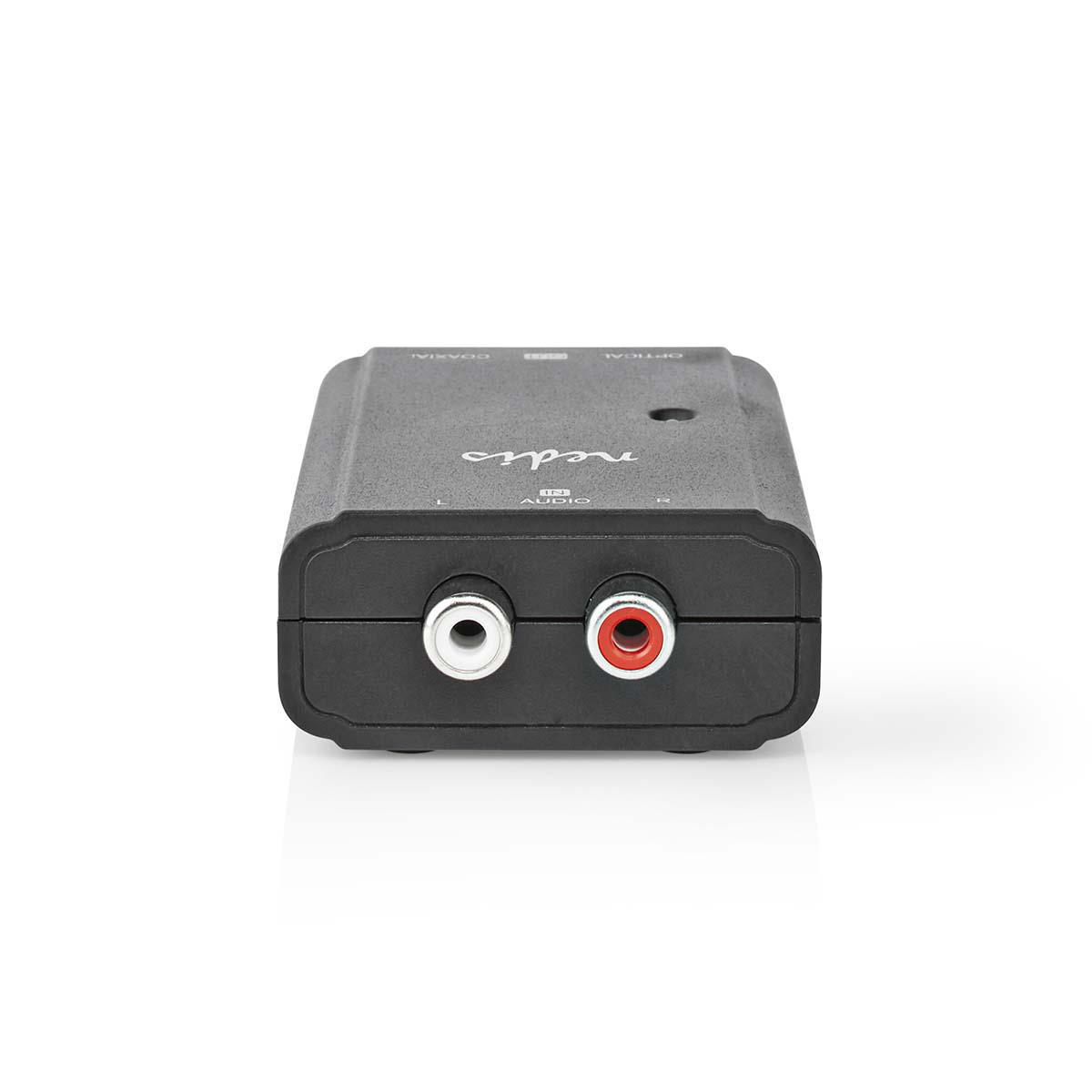 Schwarzer Audioadapter mit roten und weißen Anschlüssen.