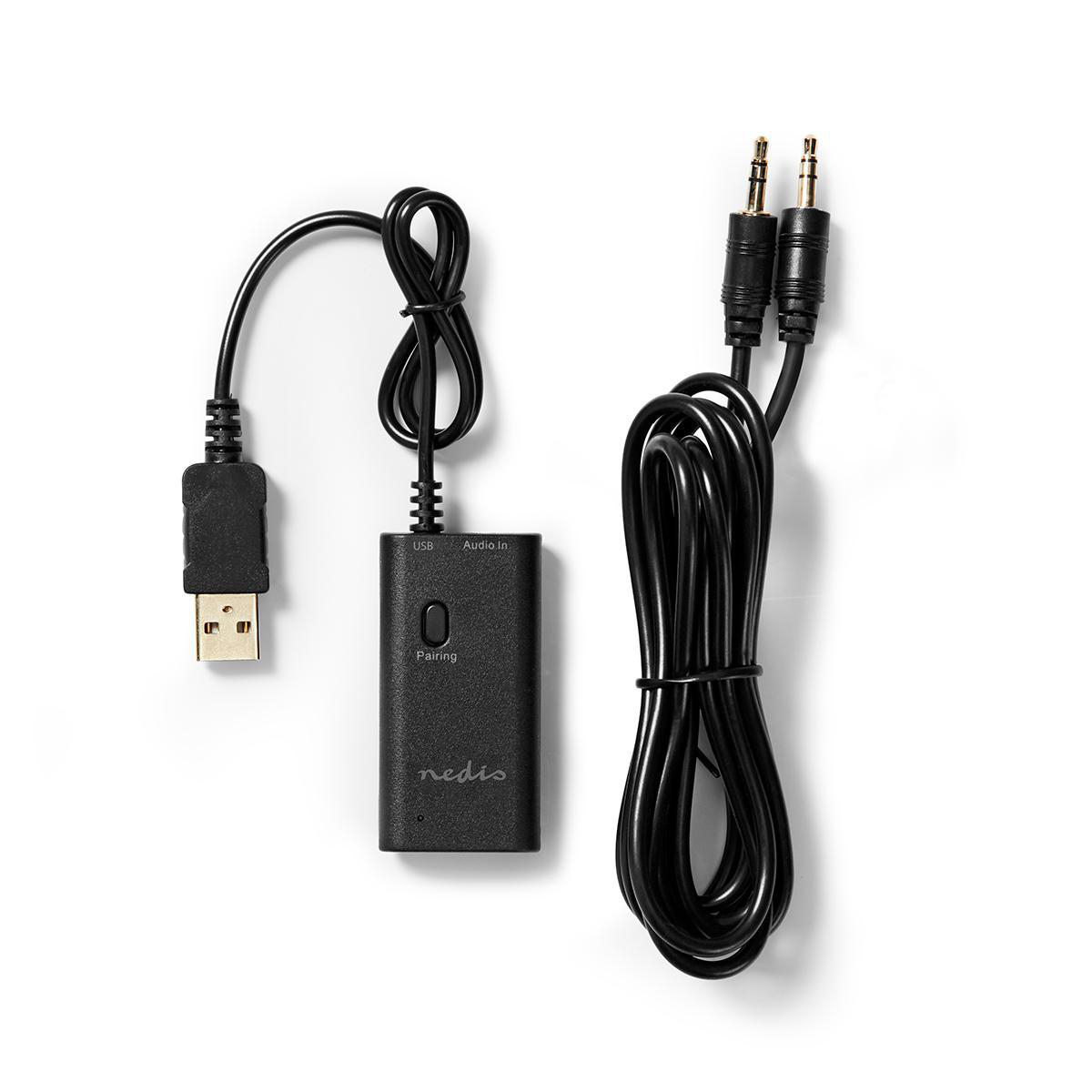 Black USB to audio adapter and a black audio cable with two connectors. White background.