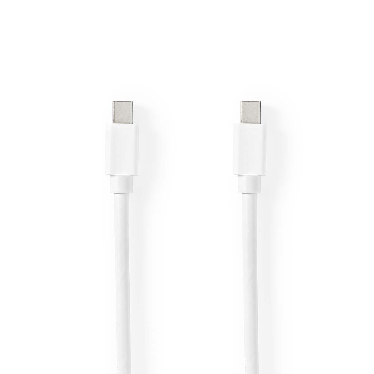 Twee witte USB-C-kabels. Ze hebben aan elk uiteinde een connector. Witte achtergrond.