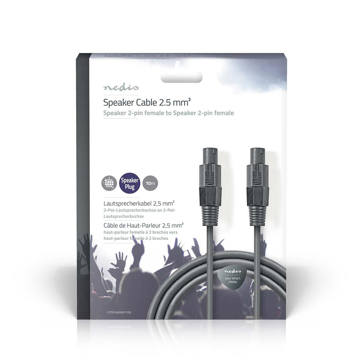 Verpakking van luidsprekerkabel met twee connectoren, productdetails en logo.