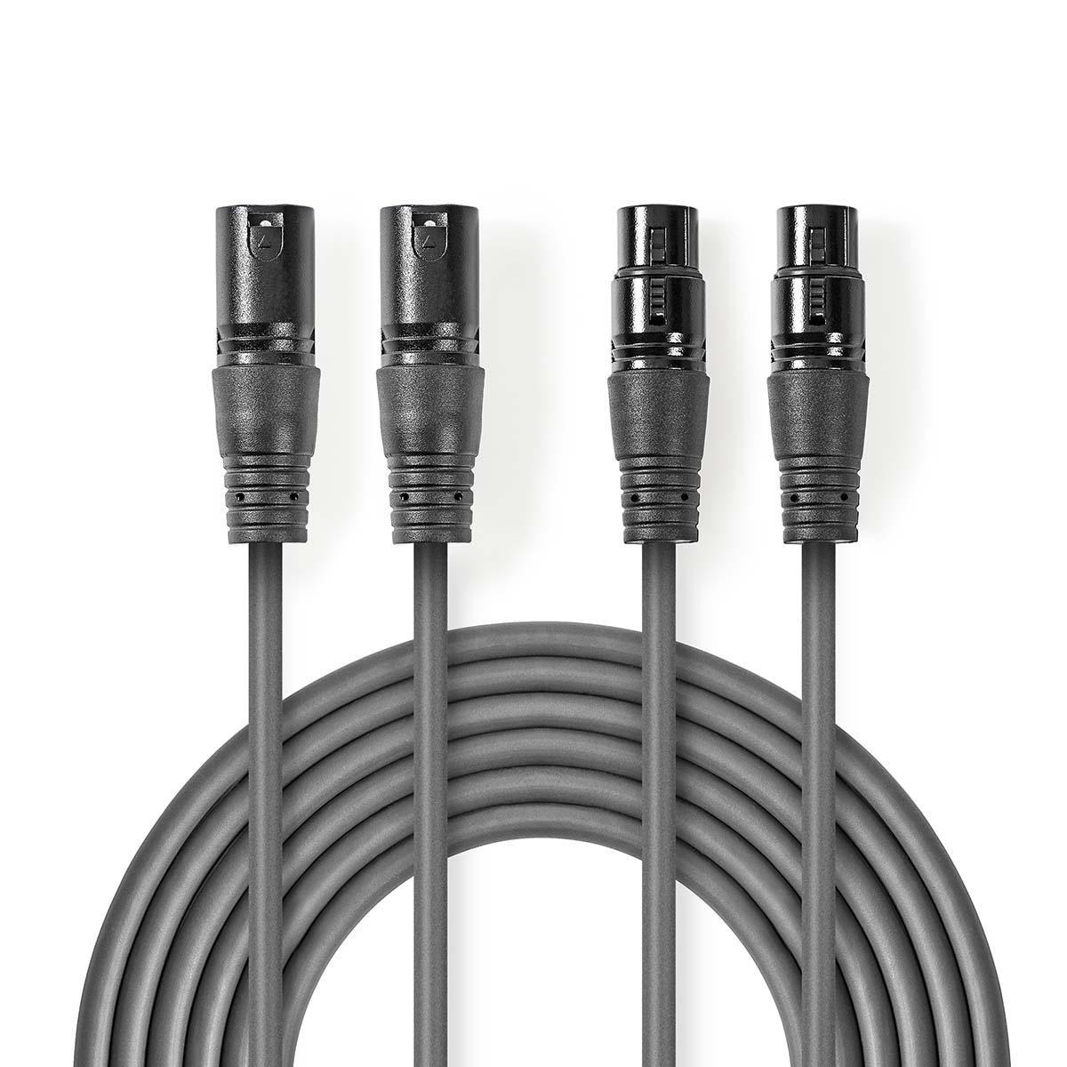 Vier zwarte XLR-kabels op een witte achtergrond.