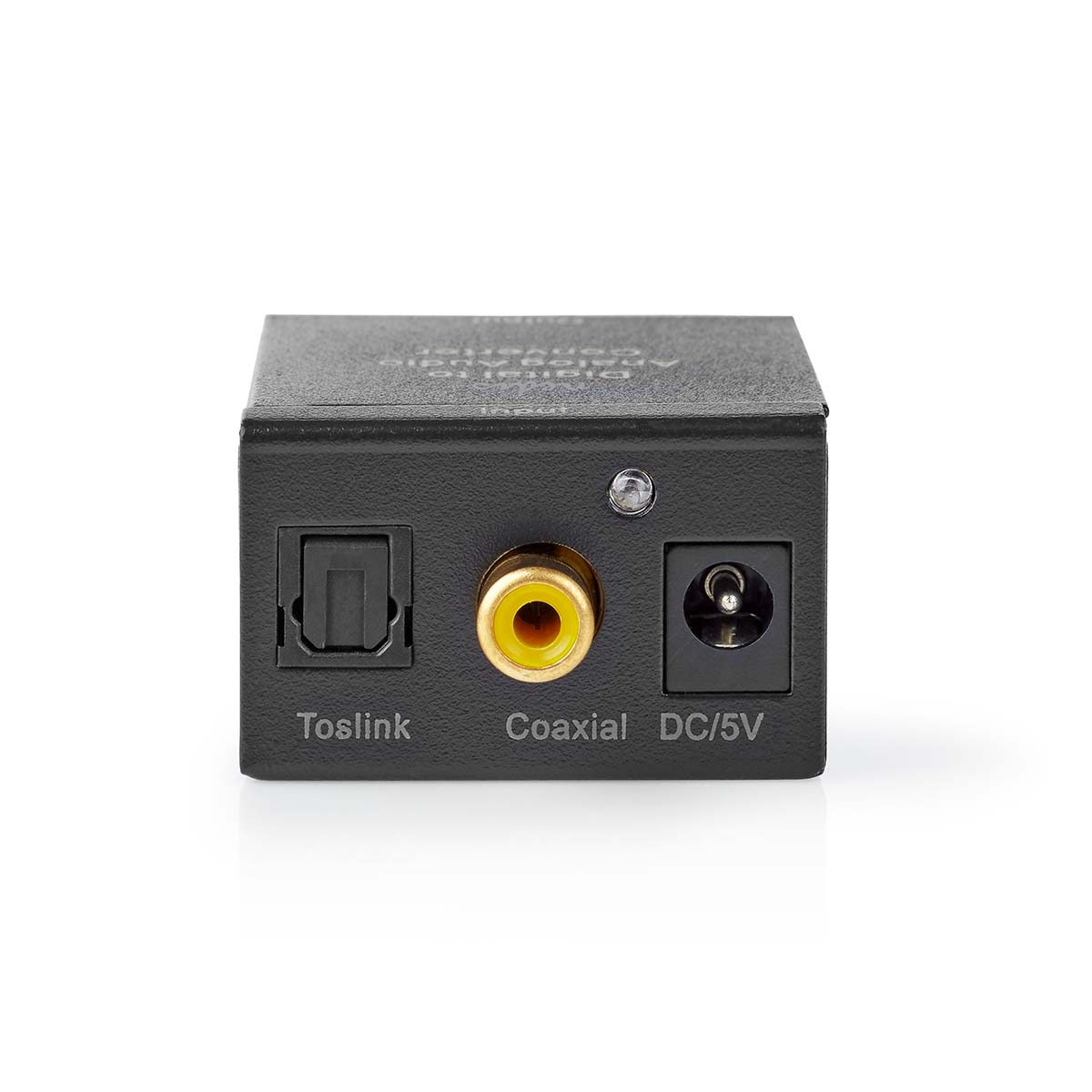 Schwarzer Audio-Konverter mit Toslink-, Koaxial- und DC/5V-Anschlüssen auf weißem Hintergrund.