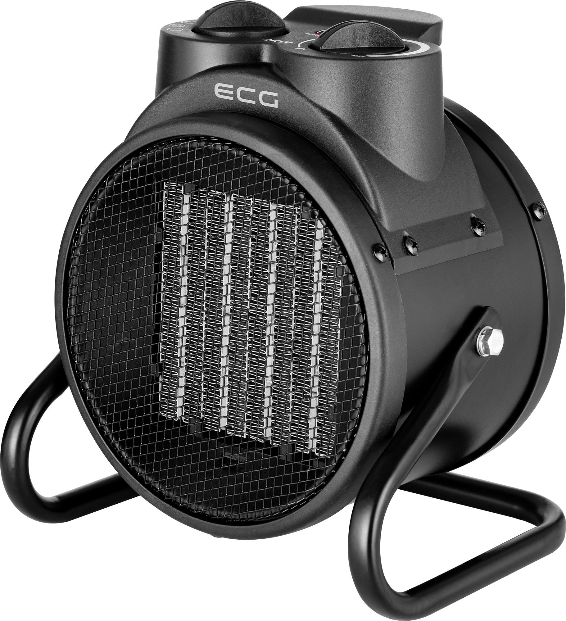 Czarny grzejnik elektryczny z siatkowym przodem, pokrętłami i czarnym stojakiem.