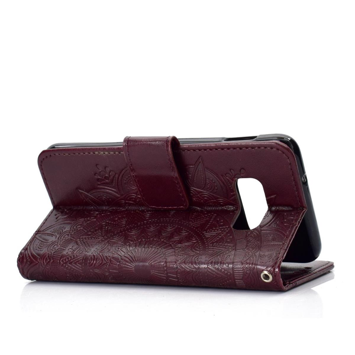 Weinrotes Handycase, offen, mit Mandala-Design.