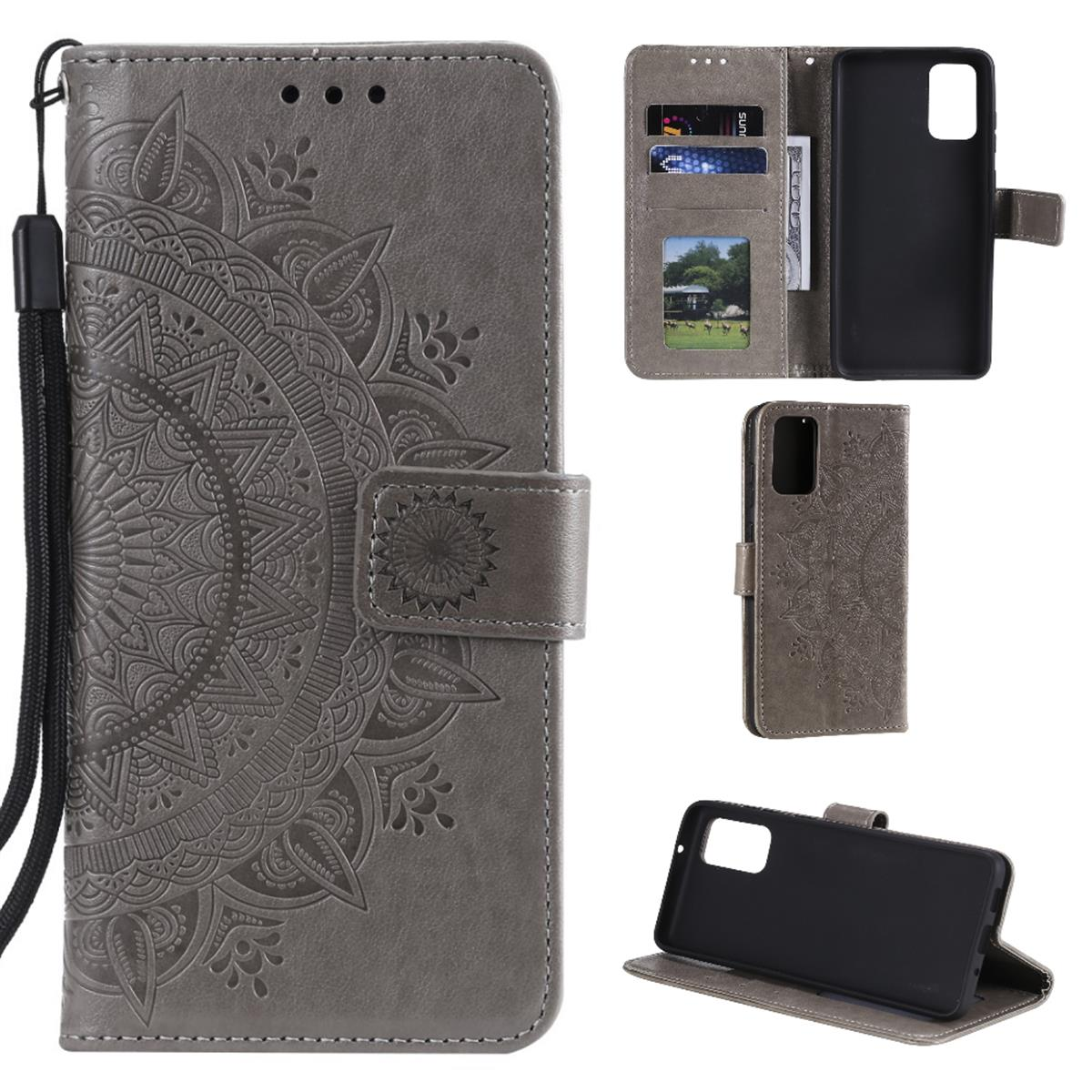 Graue Handyhülle mit Mandala-Design. Enthält Karten, ein Telefon und eine Handschlaufe.