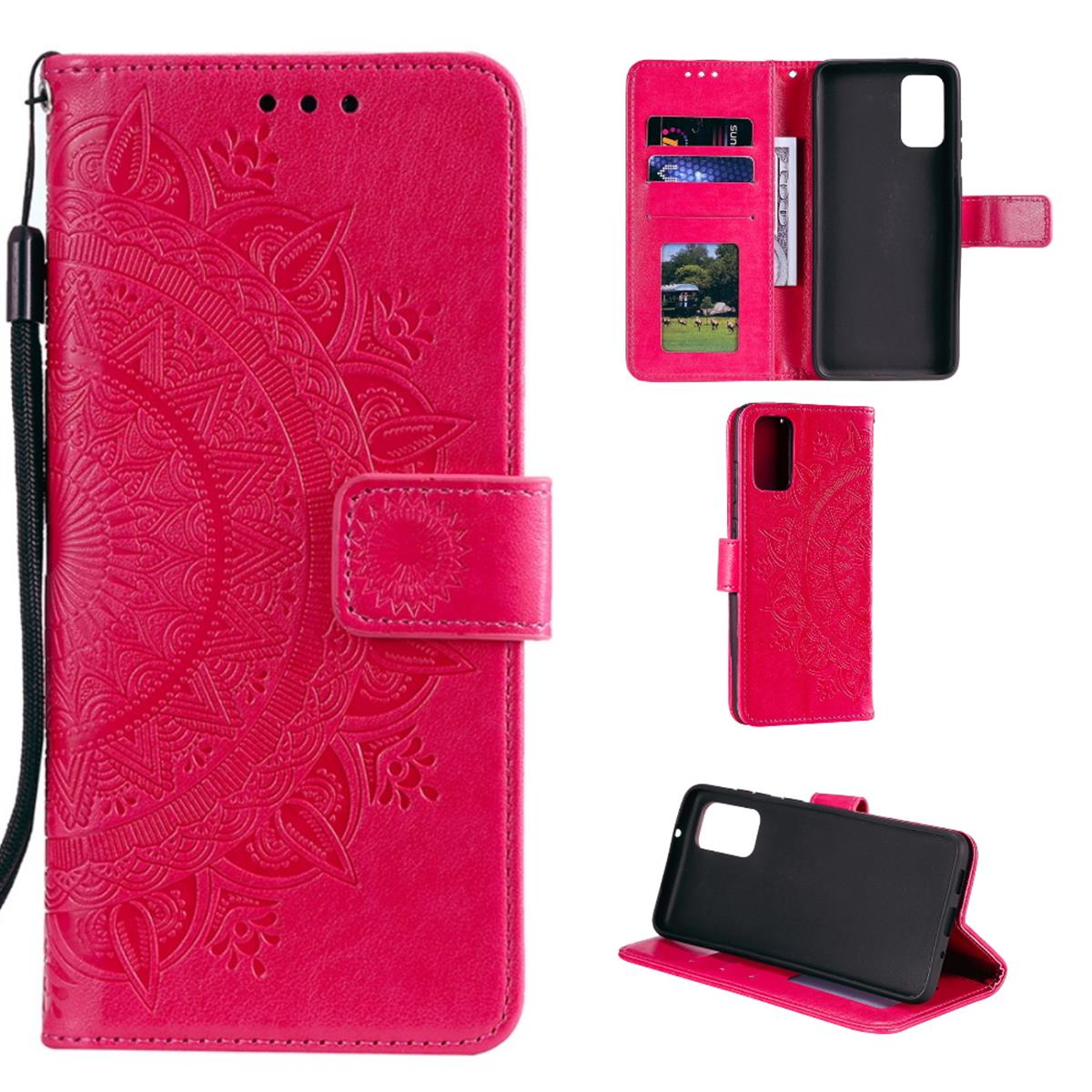 Pinkes Handy-Etui, offen, mit Telefon darin. Mit Mandala-Design und Handschlaufe.