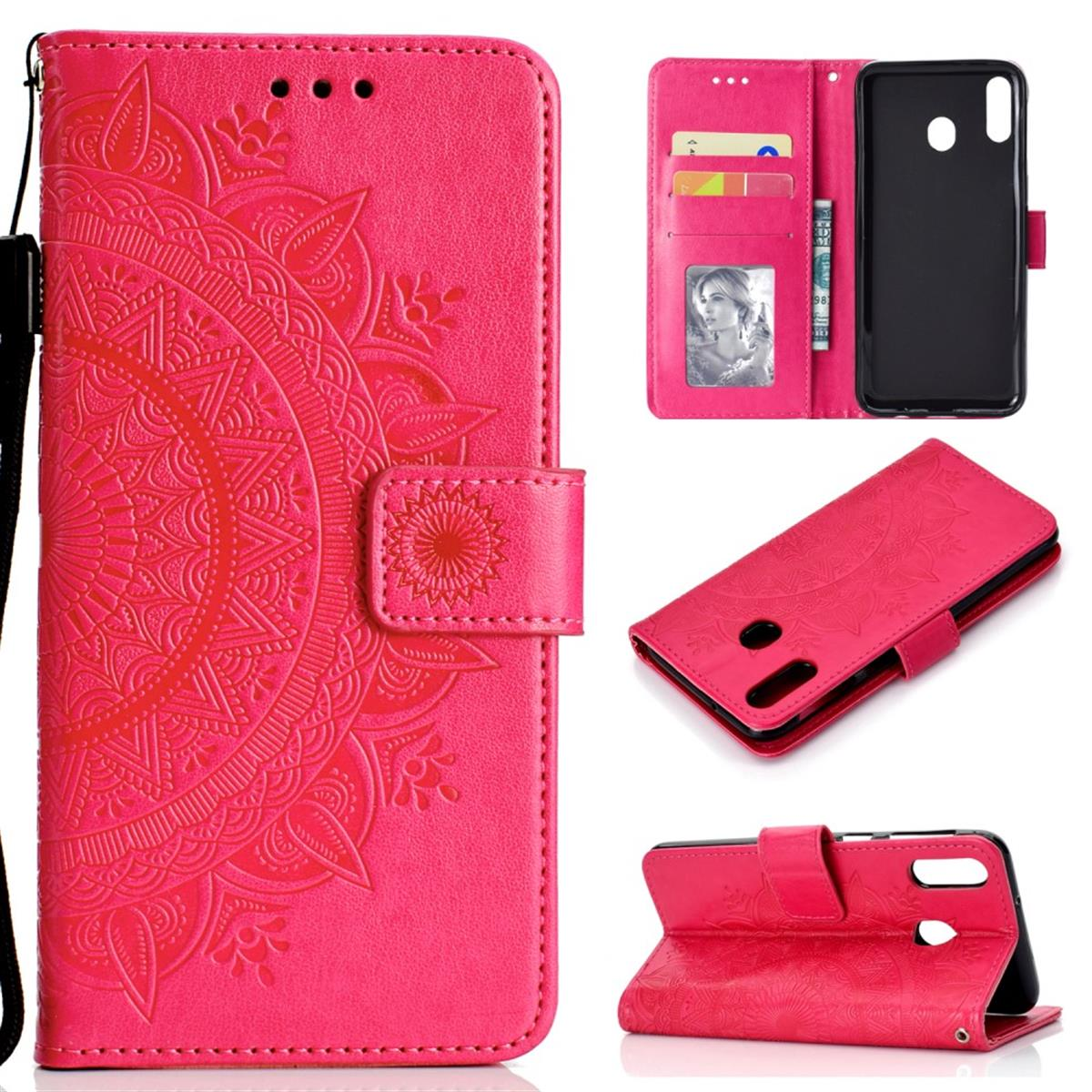 Rosa Handyhülle mit Mandala-Design. Mehrere Ansichten: geöffnet, geschlossen, stehend.