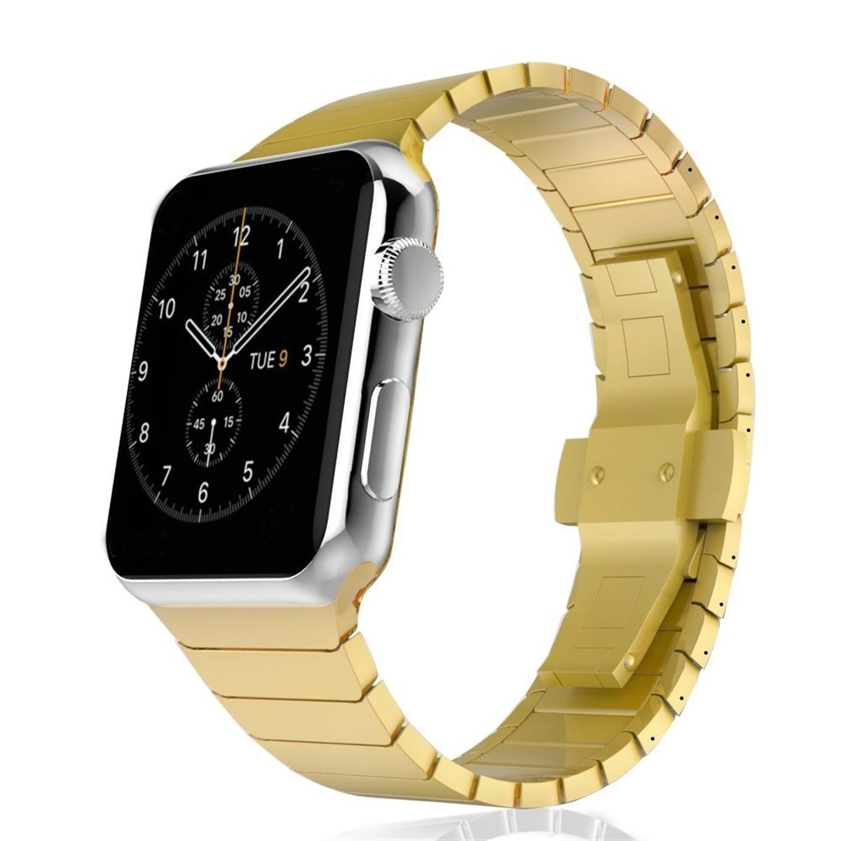 Eine goldene Uhr mit schwarzem Bildschirm zeigt das Datum an. Das goldene Armband ist verbunden.