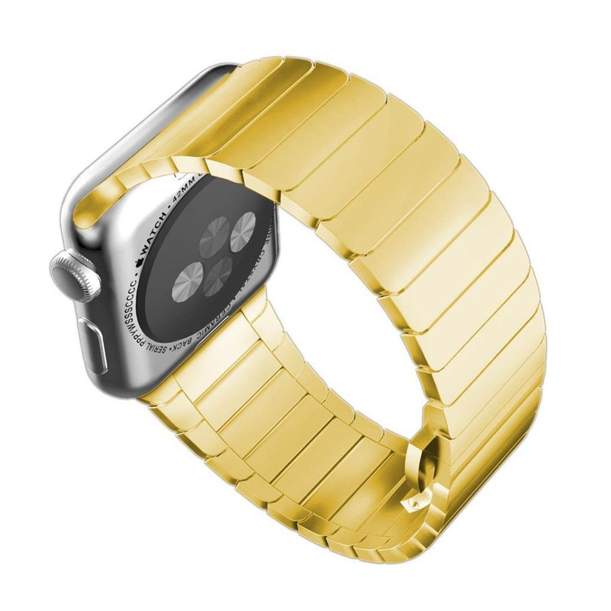 Goldfarbenes Uhrenarmband. Es ist im Armbandstil. Das Zifferblatt ist silber.