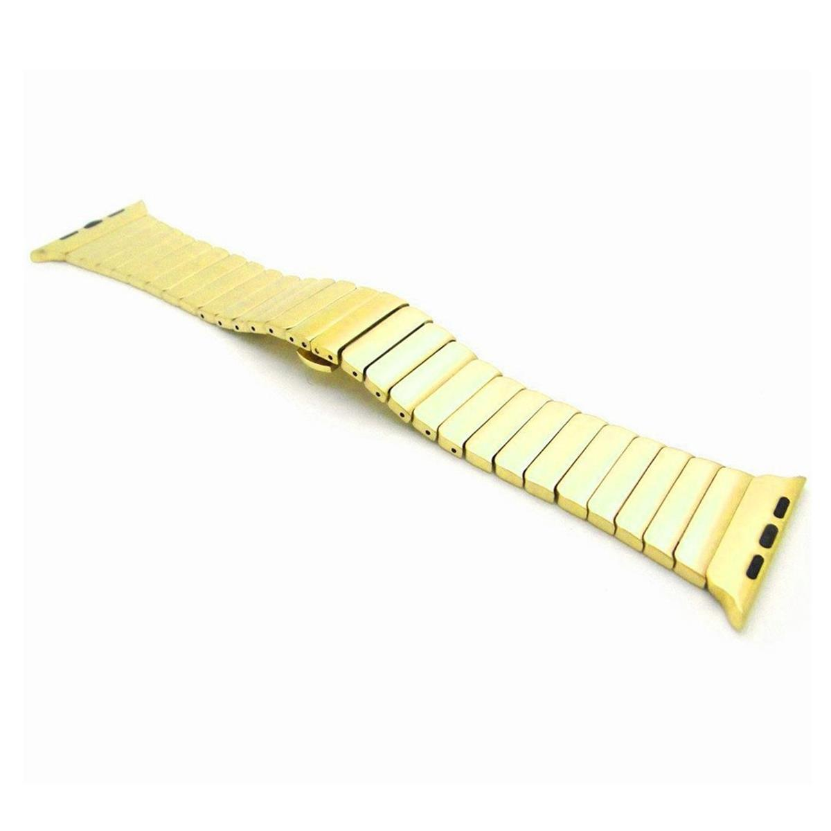 Goldfarbenes Uhrenarmband liegt flach. Es besteht aus kleinen, verbundenen Metallteilen.