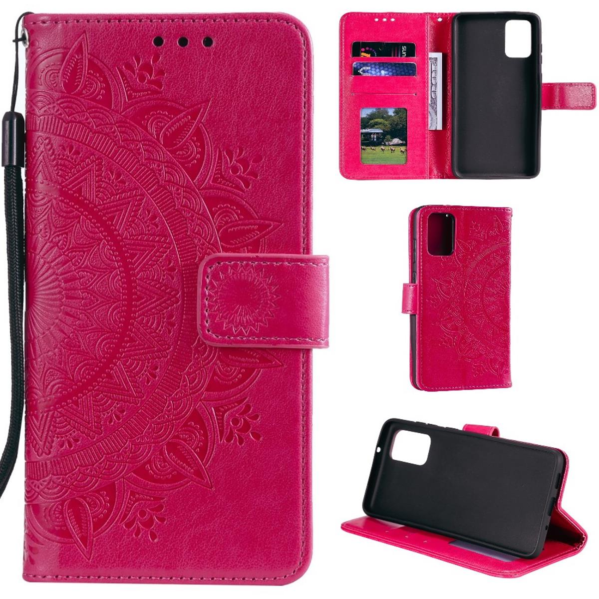Eine pinke Handyhülle mit Mandala-Design, die mehrere Ansichten zeigt, einschließlich offen und geschlossen.
