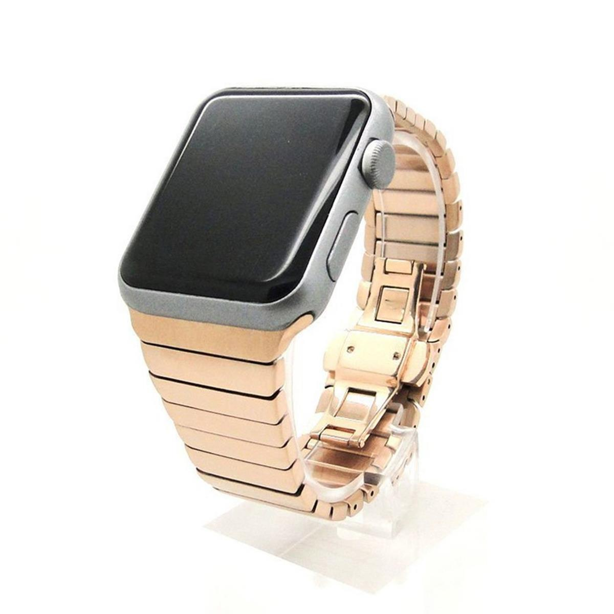 Silberne Smartwatch mit roségoldfarbenem Armband auf einem transparenten Ständer, weißer Hintergrund.