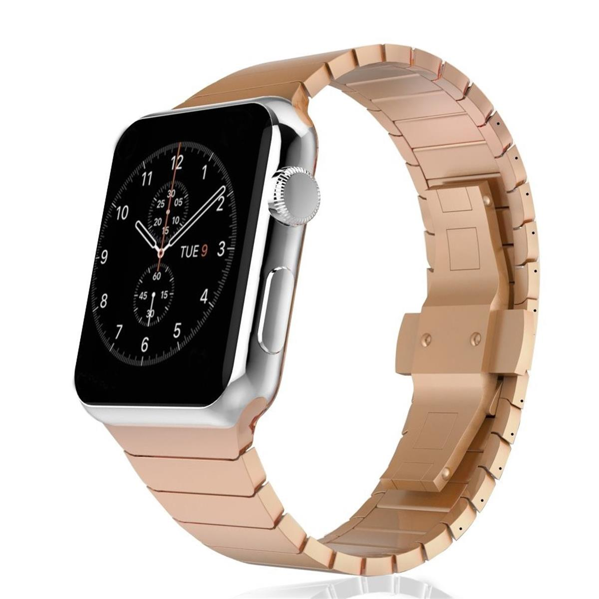 Eine goldene Uhr mit einem schwarzen Bildschirm, der Zahlen und Linien anzeigt. Das Armband ist goldfarben, das Zifferblatt silber.
