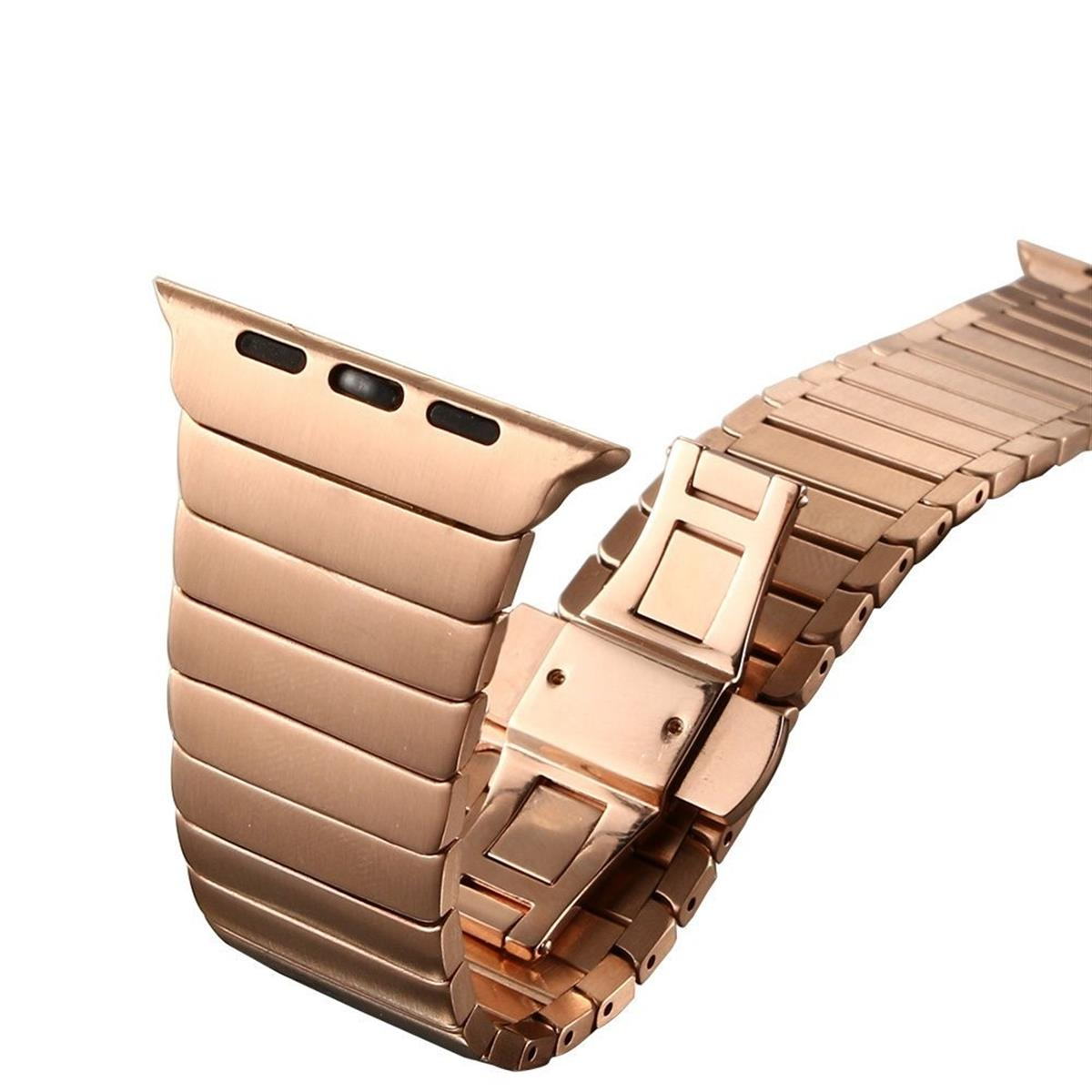 Roségoldenes Metall-Uhrenarmband. Das Armband ist offen und zeigt den Verschluss.