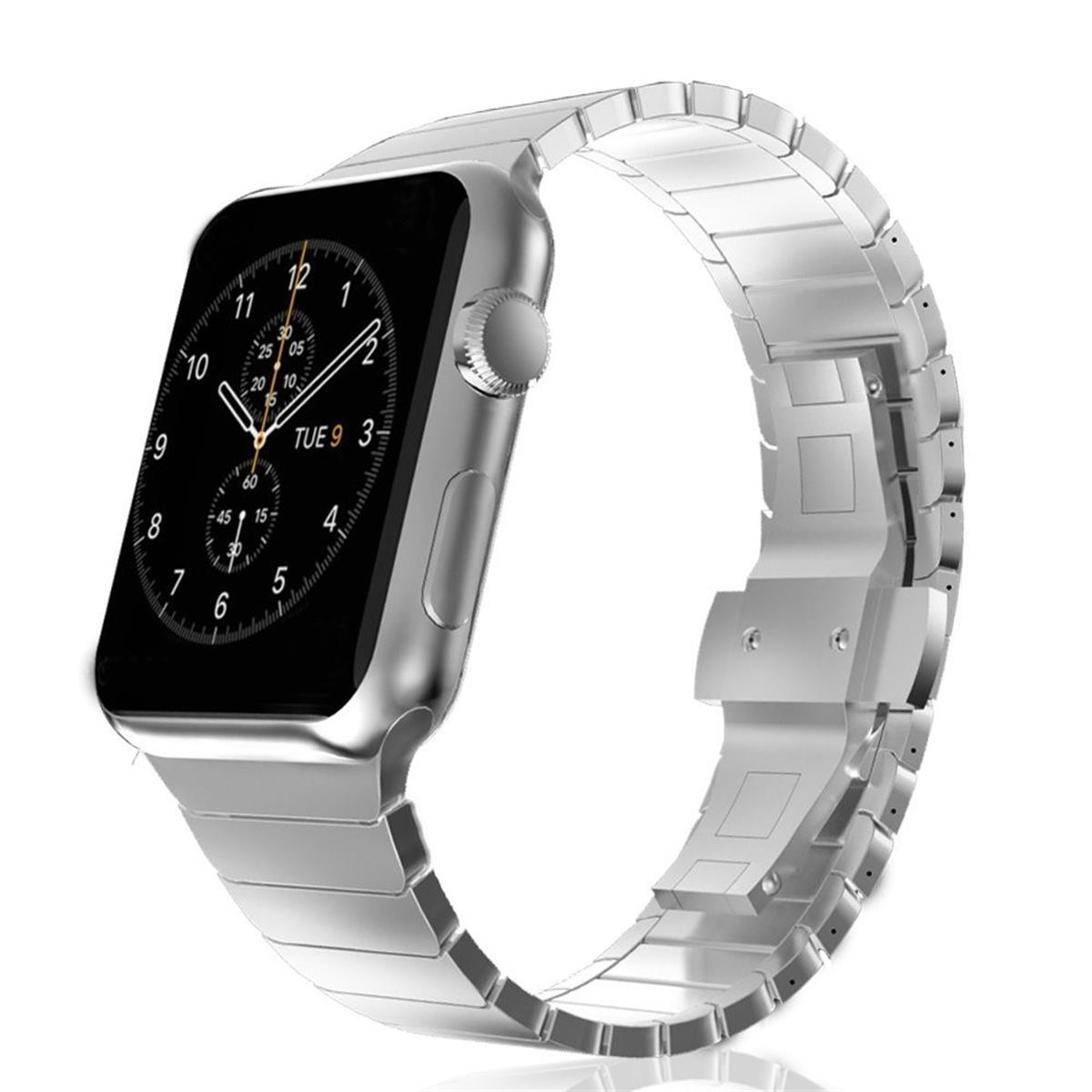 Silberne Smartwatch mit Metallarmband, die die Uhrzeit anzeigt. Die Uhr befindet sich auf weißem Hintergrund.