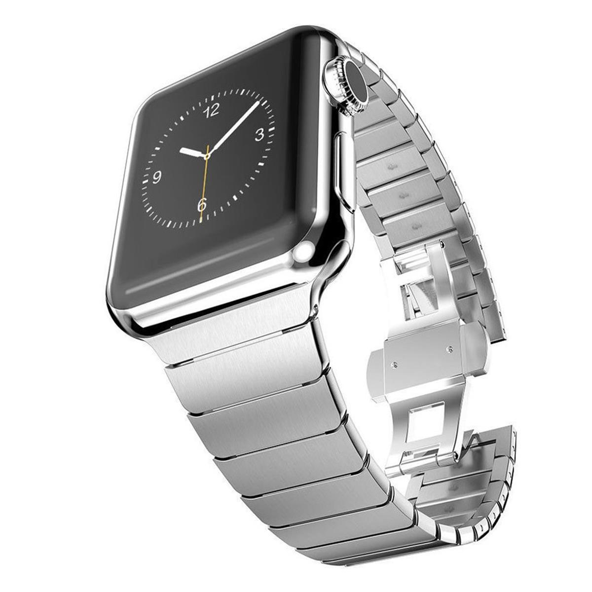 Silberne Apple Watch auf weißem Hintergrund, elegantes Design und Metallarmband.
