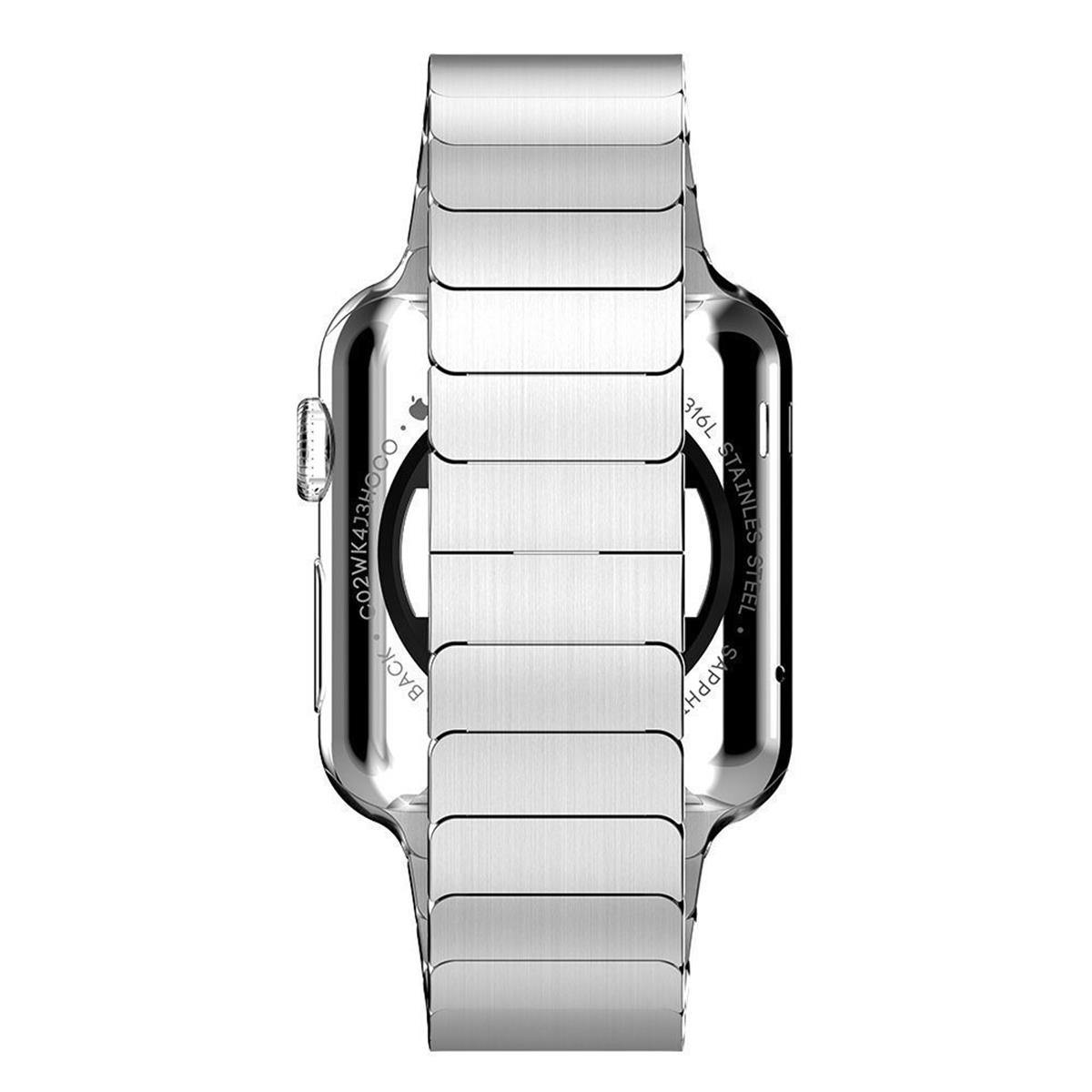 Silberne Apple Watch mit Metallarmband, Rückansicht. Zeigt Details aus Edelstahl und Saphirglas.
