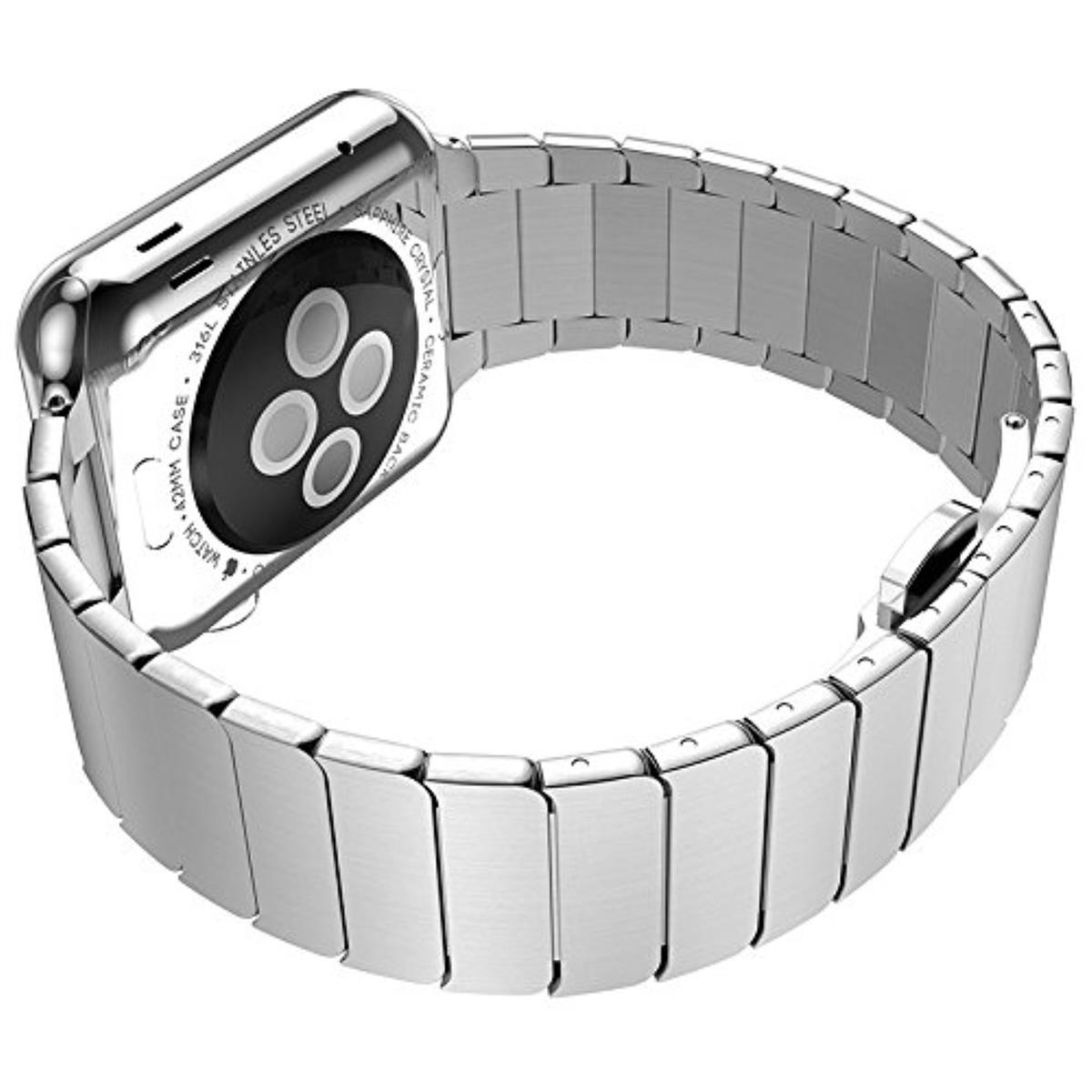 Eine silberne Apple Watch mit Metallarmband, abgewinkelt, um die Rückseite zu zeigen. Edelstahl-Details.
