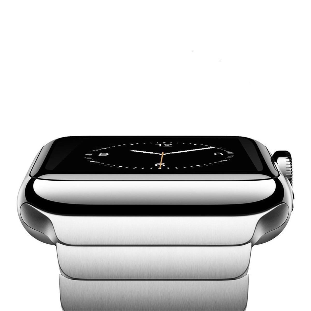 Nahaufnahme einer silbernen Apple Watch mit schwarzem Bildschirm, der die Zeit anzeigt, auf weißem Hintergrund.