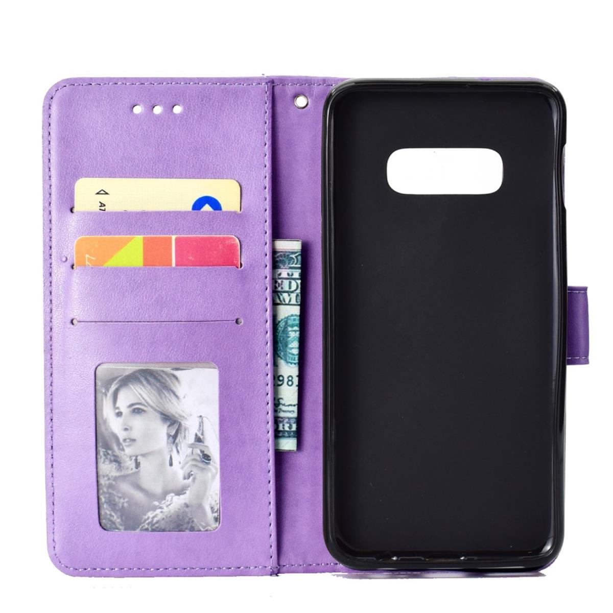 Lila Handyhülle offen. Karten, Geld und Foto innen. Schwarzer Telefonhalter.