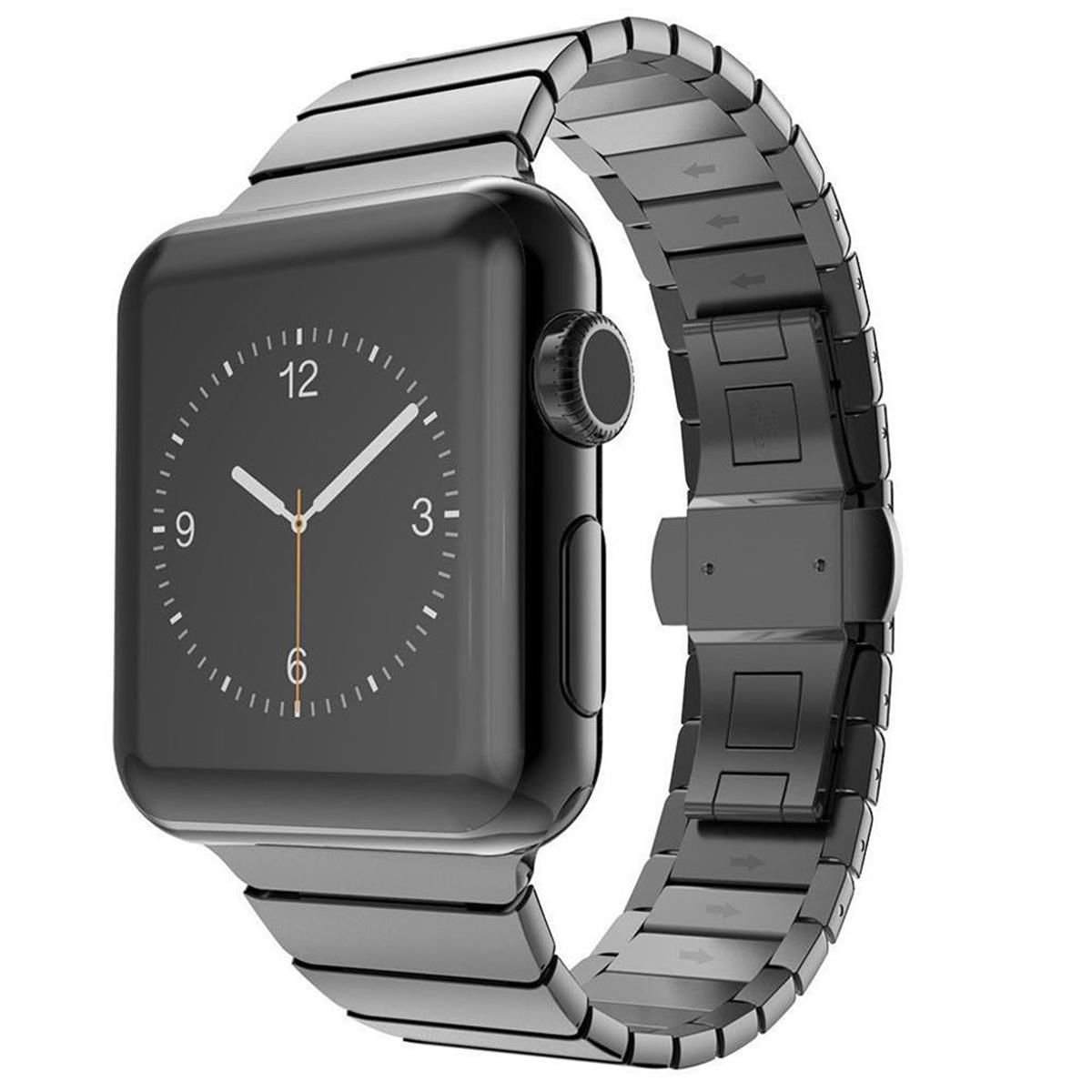 Eine schwarze Smartwatch mit schwarzem Armband, die ein Zifferblatt anzeigt.