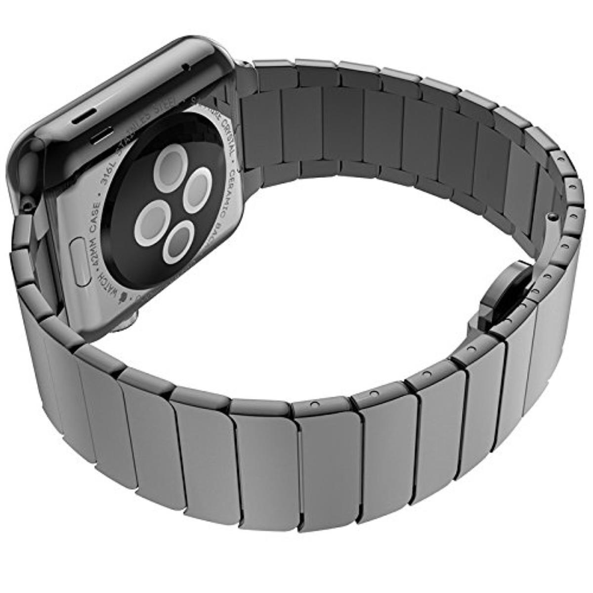 Schwarze Apple Watch und Armband, schräge Ansicht, vor weißem Hintergrund.