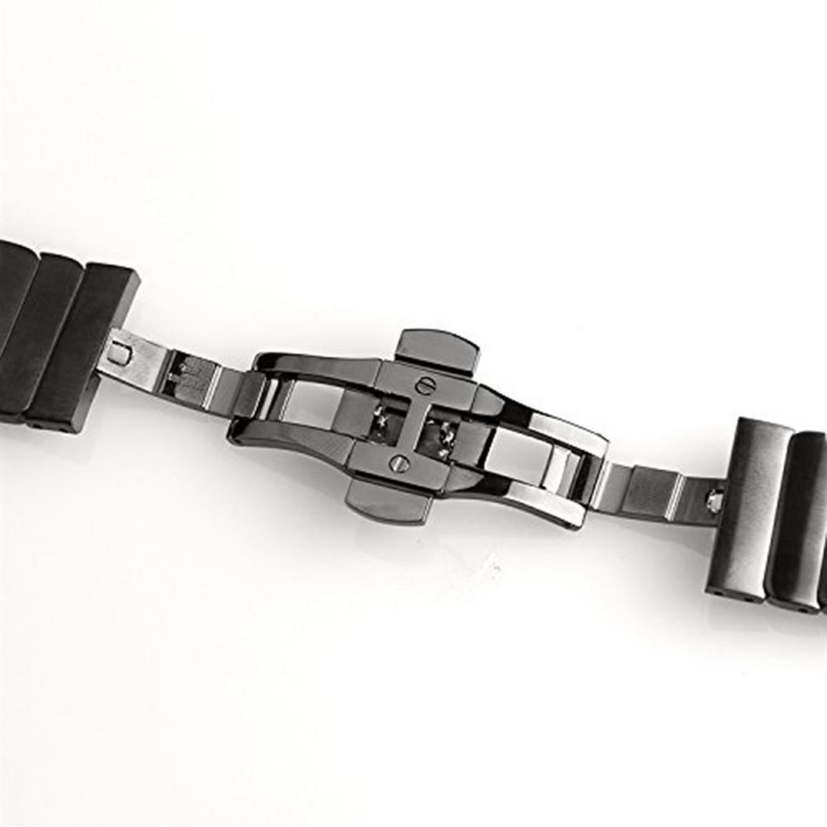 Nahaufnahme eines Uhrenarmbandschlosses, hergestellt aus mehreren verbundenen, dunkelgrauen Metallteilen.