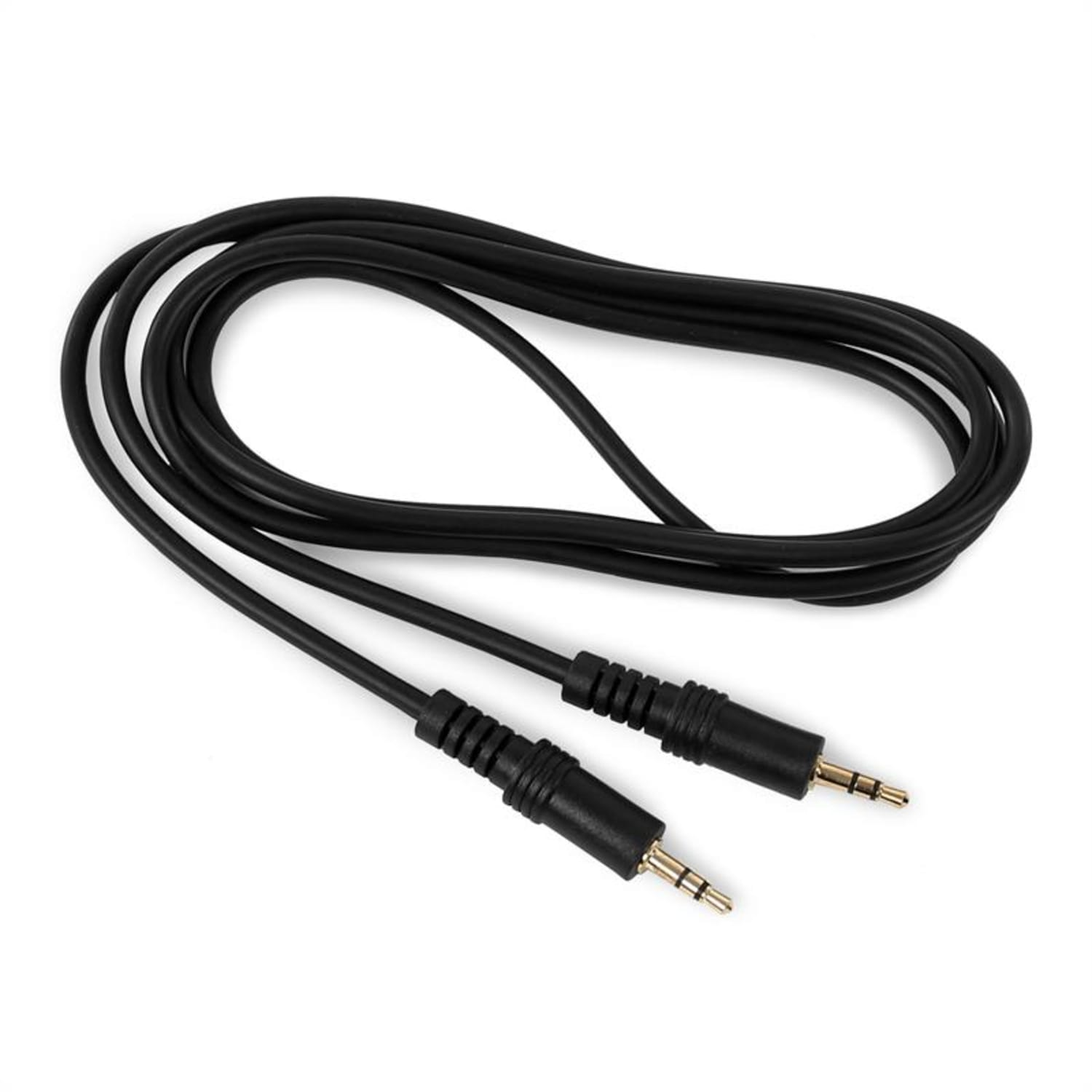 Schwarzes Audiokabel mit zwei 3,5-mm-Steckern, liegt auf weißem Untergrund. Die Stecker haben goldene Spitzen.