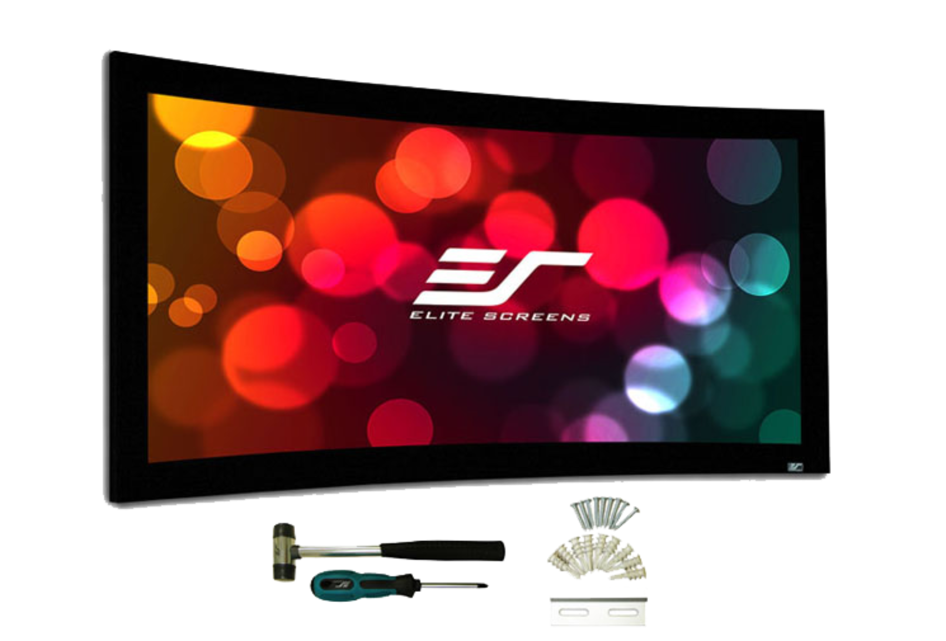 Gebogene Projektorleinwand mit schwarzem Rahmen, dem Logo 'ELITE SCREENS' und Zubehör darunter.