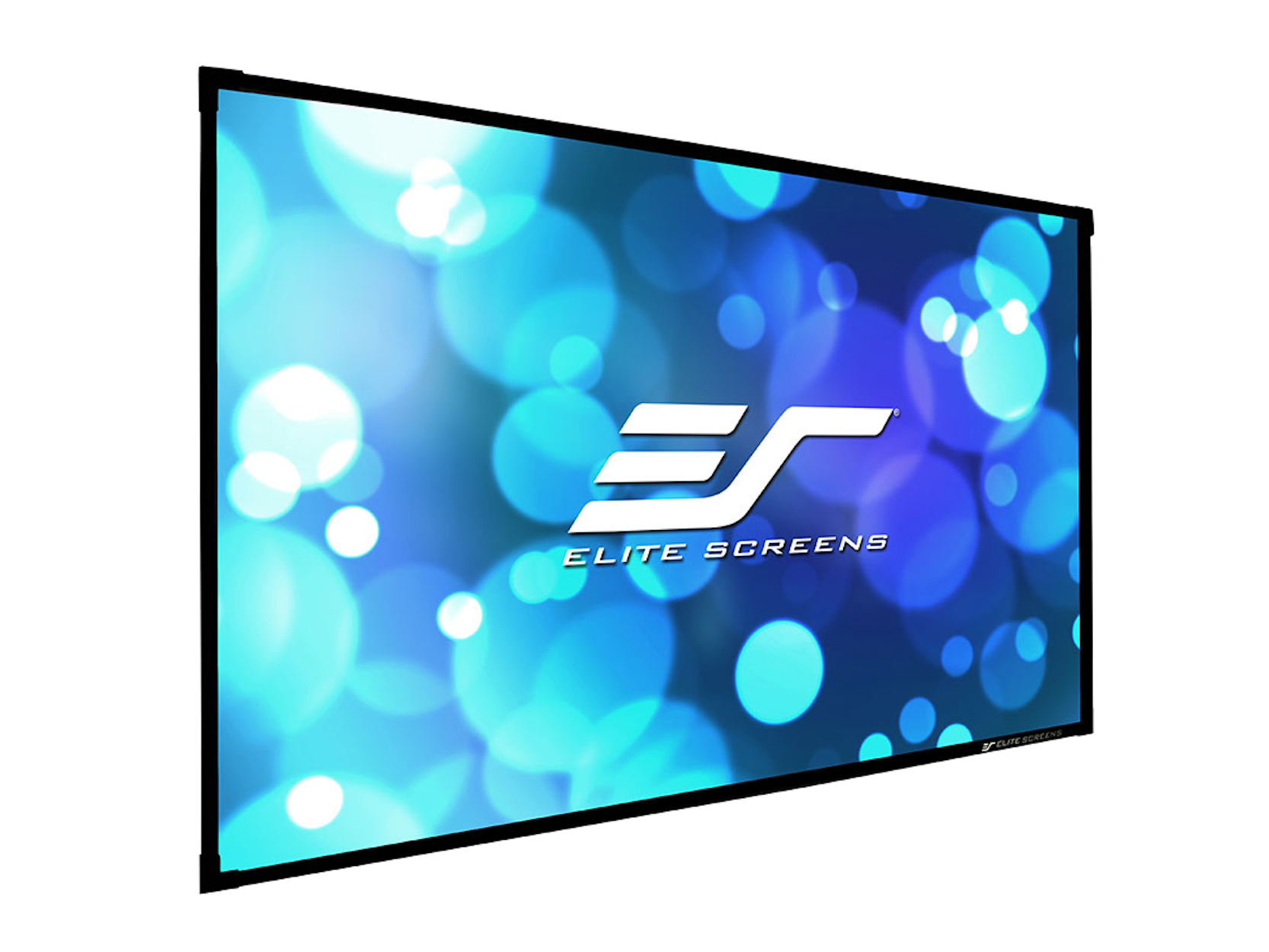 Rechteckiger Bildschirm mit blauem Bokeh-Hintergrund und 'ELITE SCREENS'-Logo in Weiß.