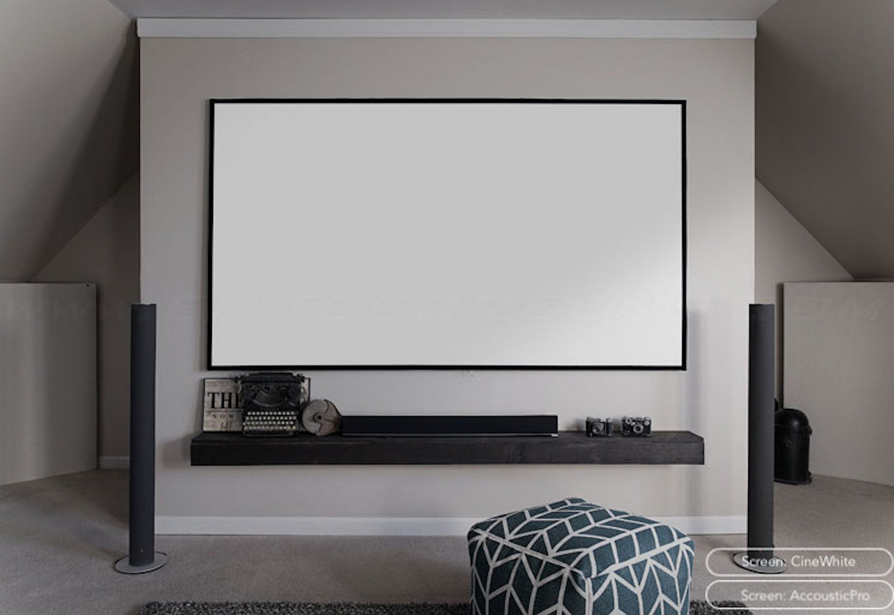 Home theater setup with a large white screen, speakers, and a shelf with items.