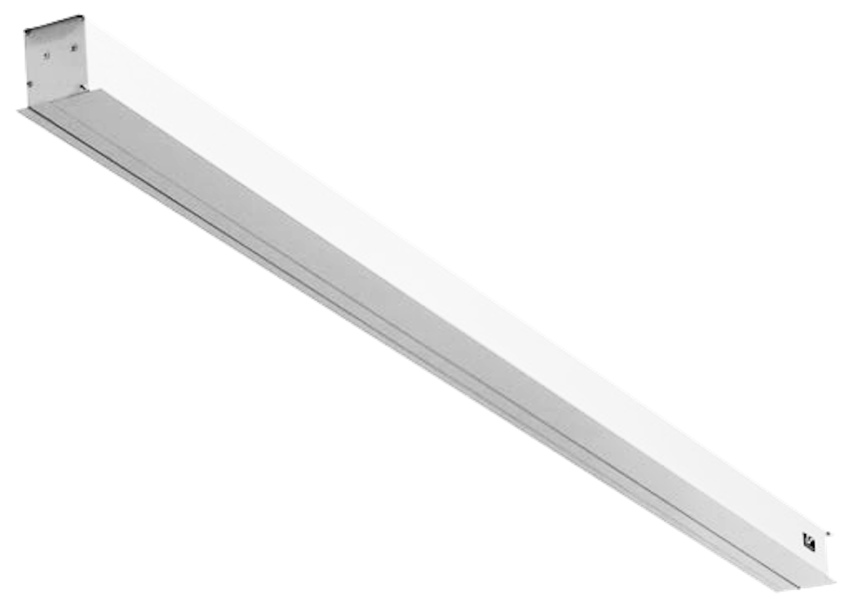Un lungo apparecchio per illuminazione fluorescente bianco su sfondo nero. La luce è accesa.