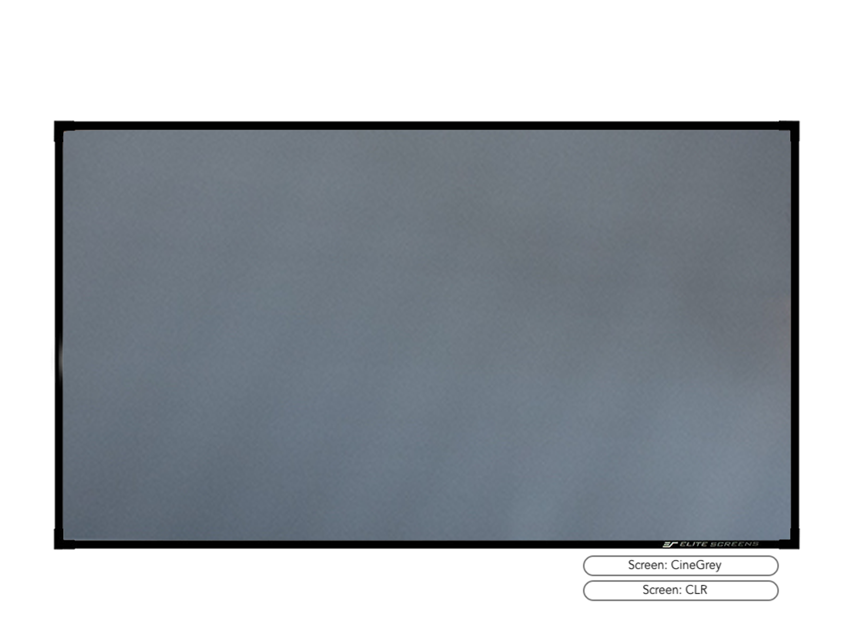 A gray projection screen with a black frame on a black background. The brand name is at the bottom.