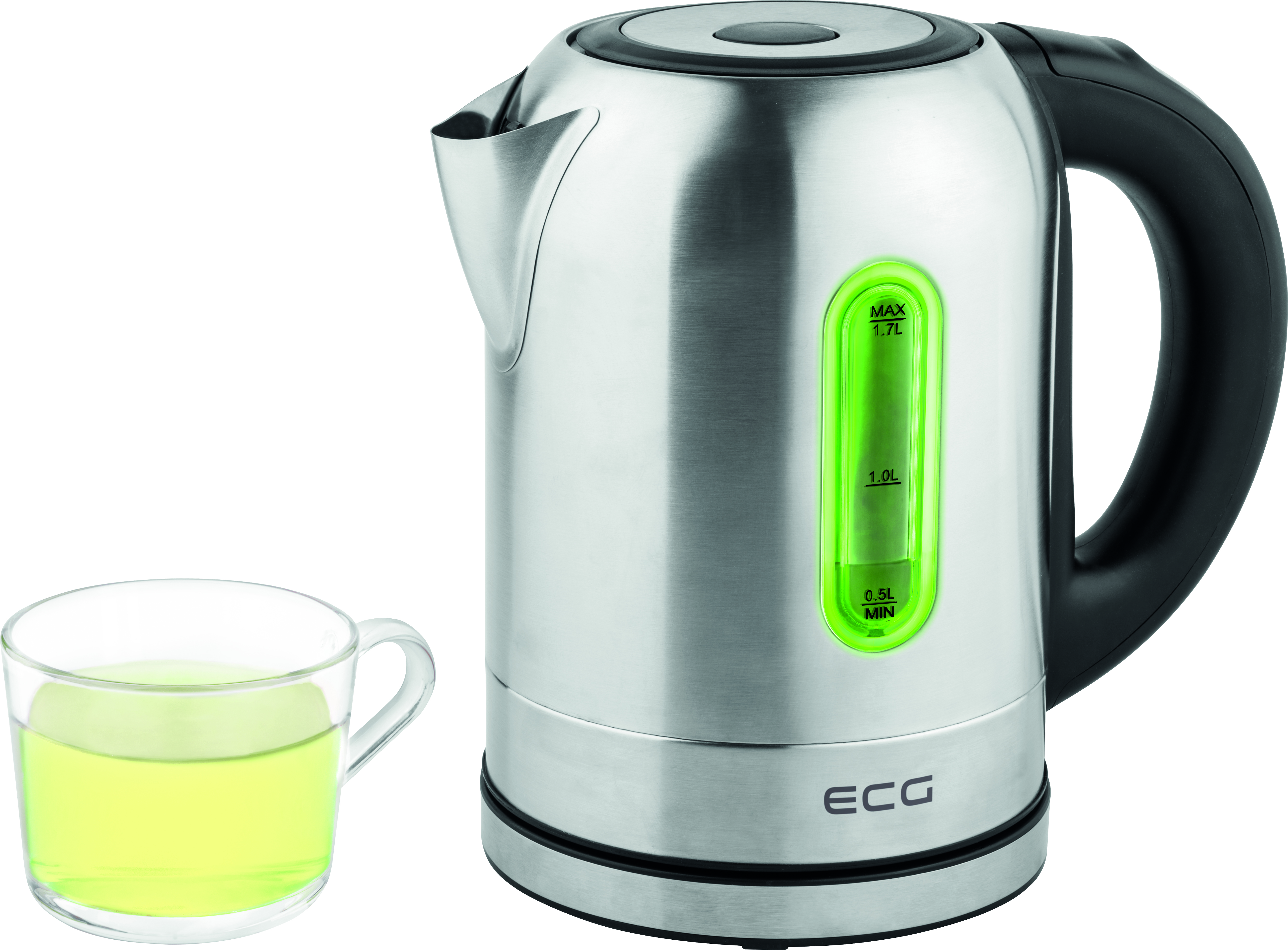 Elektryczny czajnik ze stali nierdzewnej ze szklanką herbaty, na białym tle.