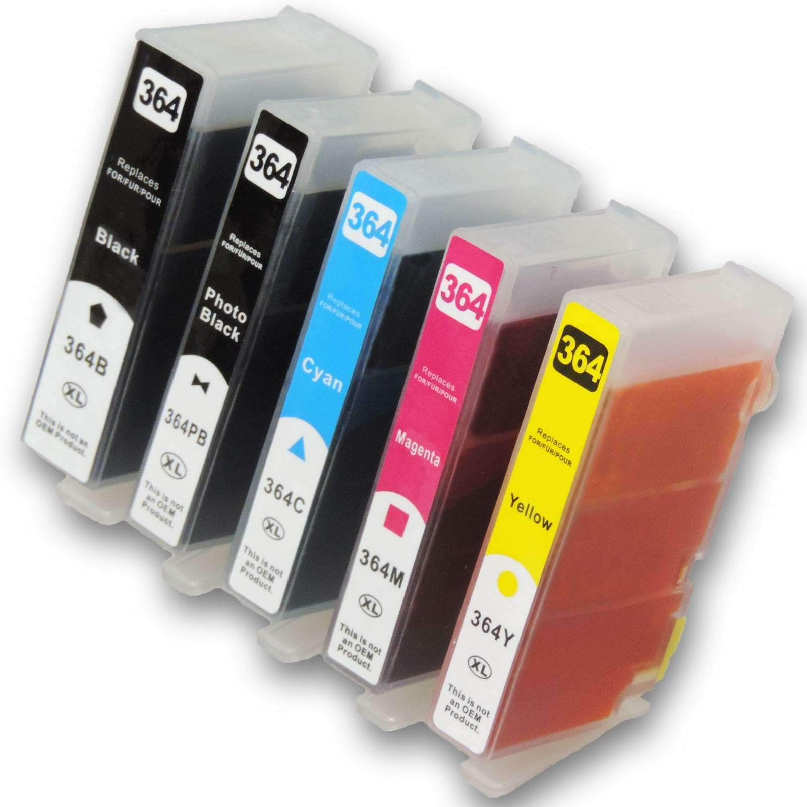 Tintenpatronen in verschiedenen Farben. Die Etiketten sind schwarz, Fotoblack, Cyan, Magenta und Gelb.