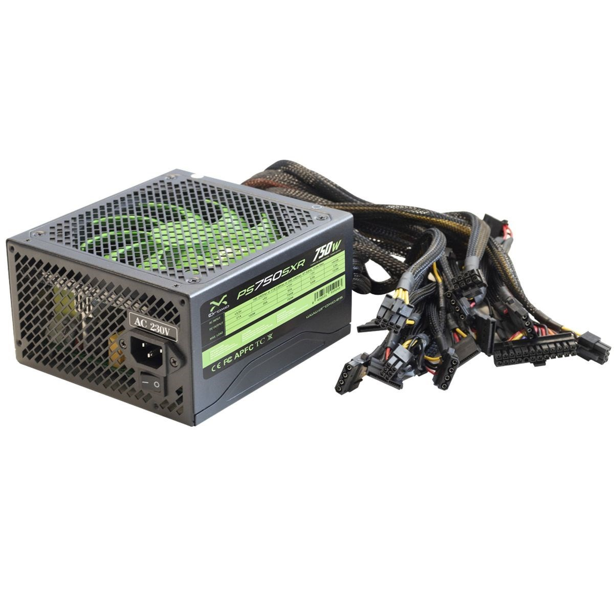 Fuente de alimentación de computadora negra con cables y ventilador verde.