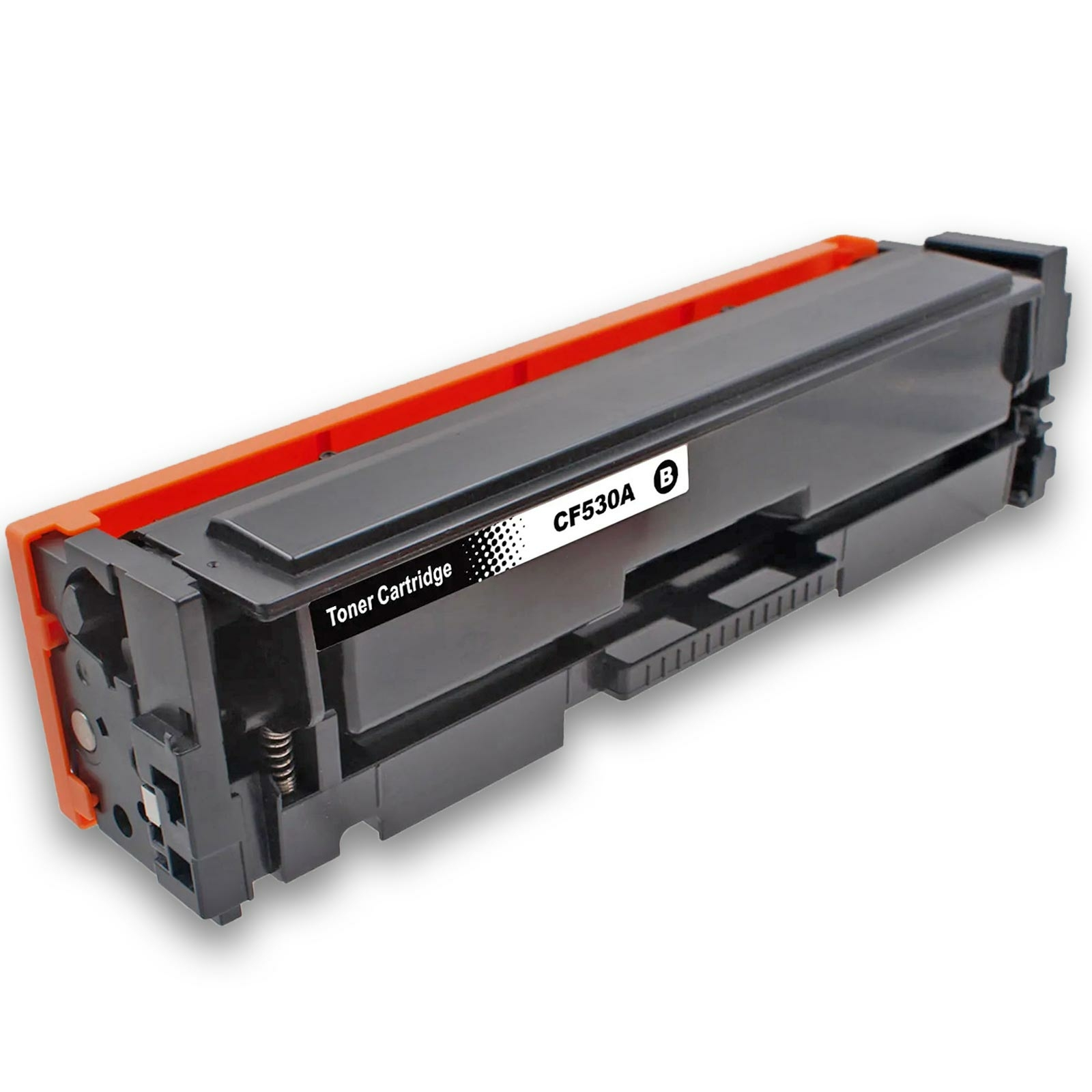 Schwarze Tonerkartusche mit orangefarbenen Akzenten und einem CF530A-Etikett, auf weißem Hintergrund.
