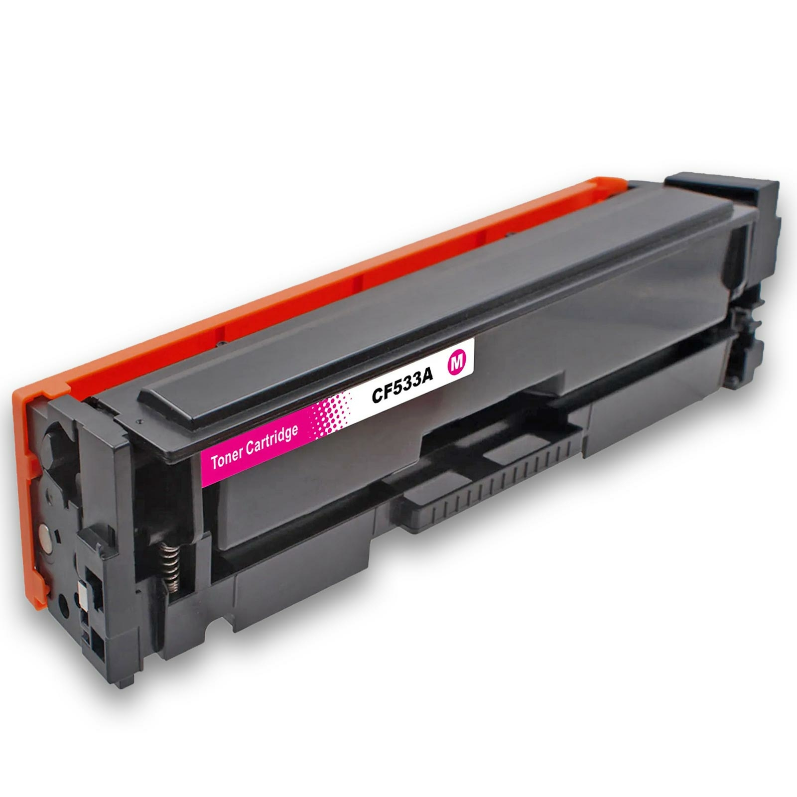 Schwarze und orangefarbene Tonerkartusche mit pinkfarbenem Etikett. CF533A. Produkt isoliert auf weißem Hintergrund.