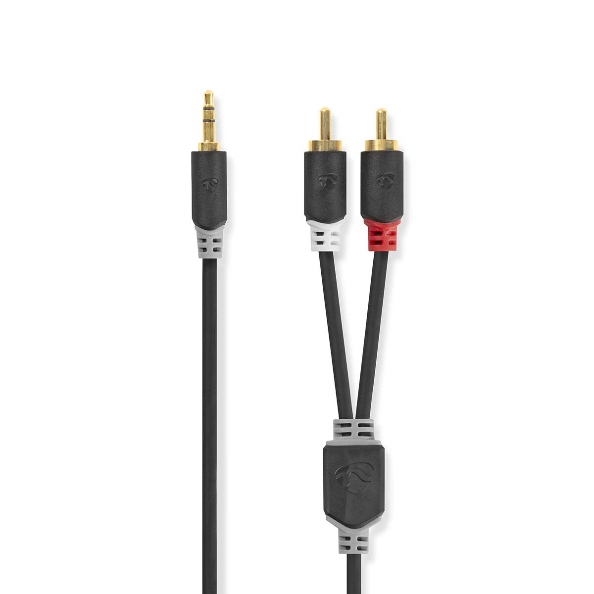 Black and white audio cable with 3.5mm jack to RCA connectors.