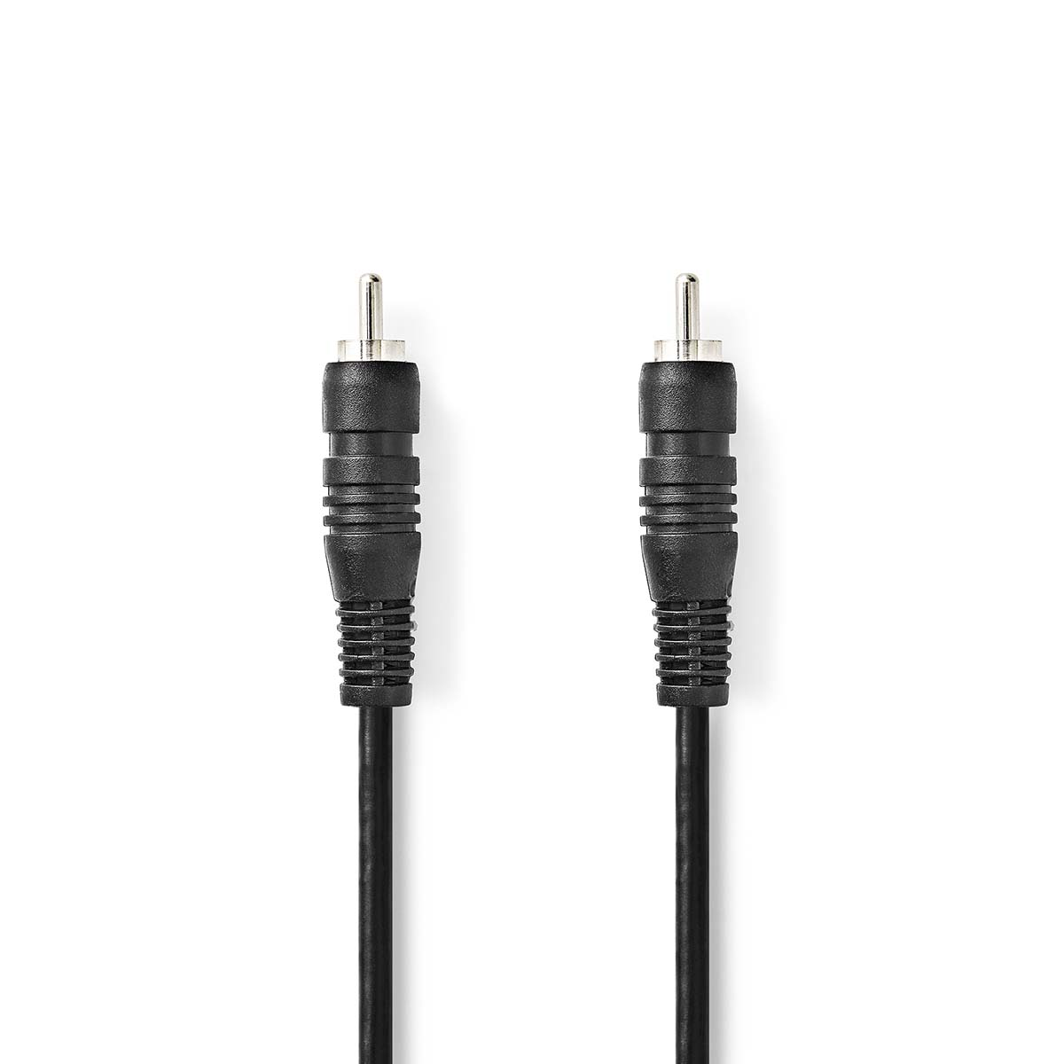 Two black RCA audio cables with metal connectors, isolated on white.