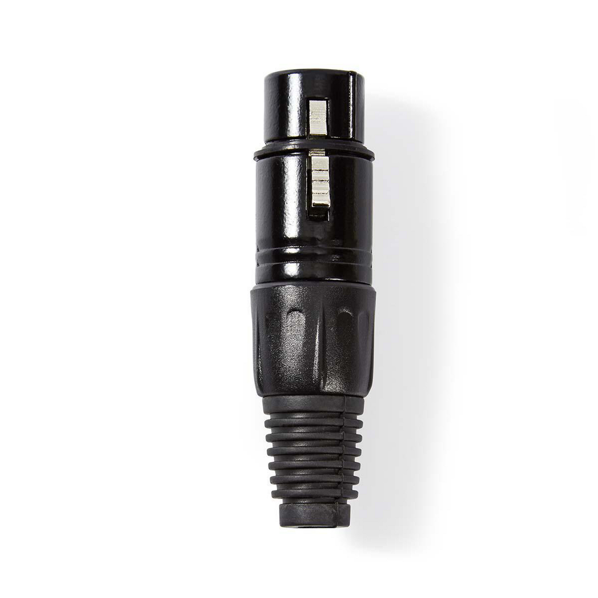 Schwarzer XLR-Stecker, zylindrische Form, geriffelter Griff und Stifte. Weißer Hintergrund.