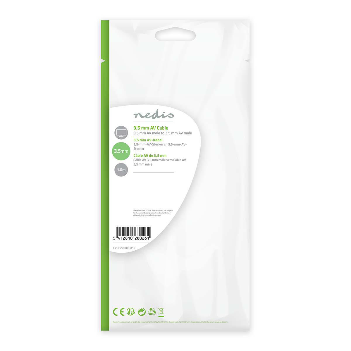 Eine Kabelverpackung. Die Verpackung ist weiß mit einem transparenten Fenster, das ein 3,5-mm-AV-Kabel zeigt.