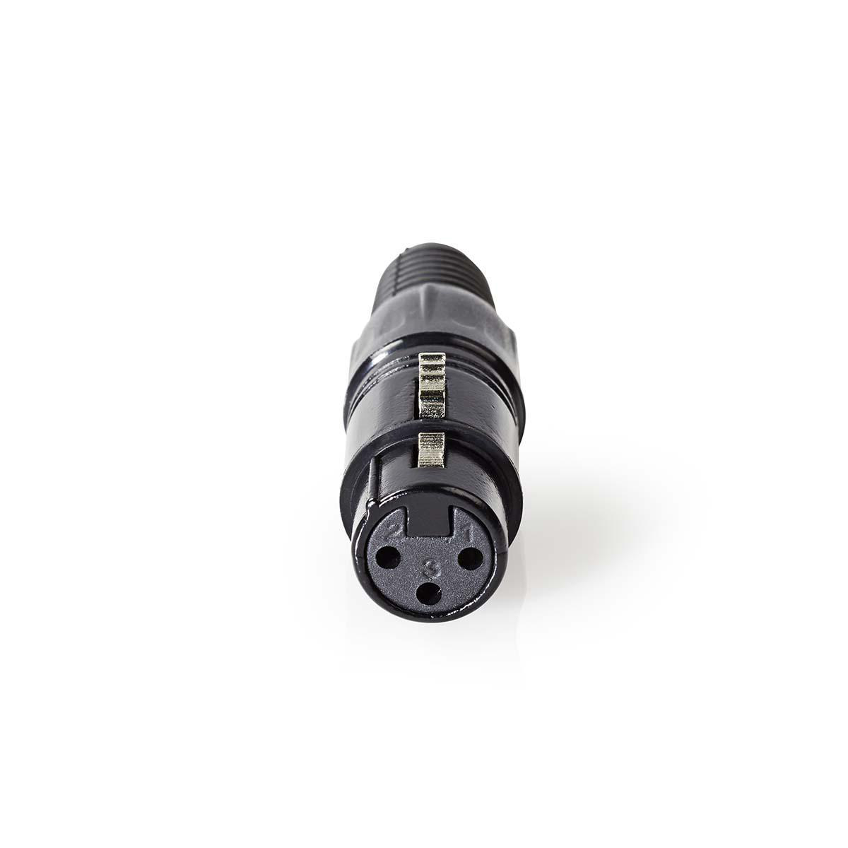 Ein schwarzer XLR-Stecker mit drei Pins, auf weißem Hintergrund.